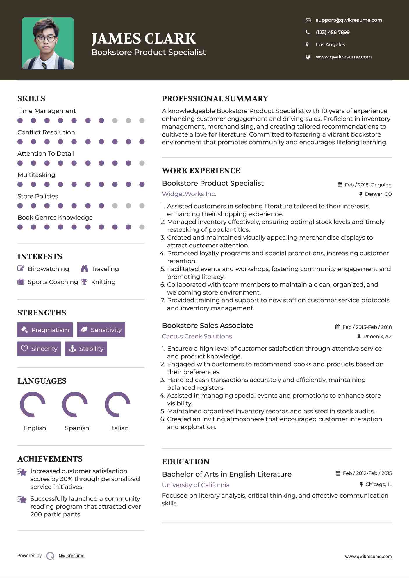 Bookstore Product Specialist Resume Model