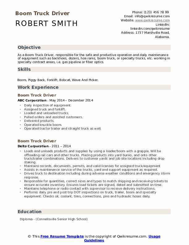 Boom Truck Driver Resume Samples QwikResume
