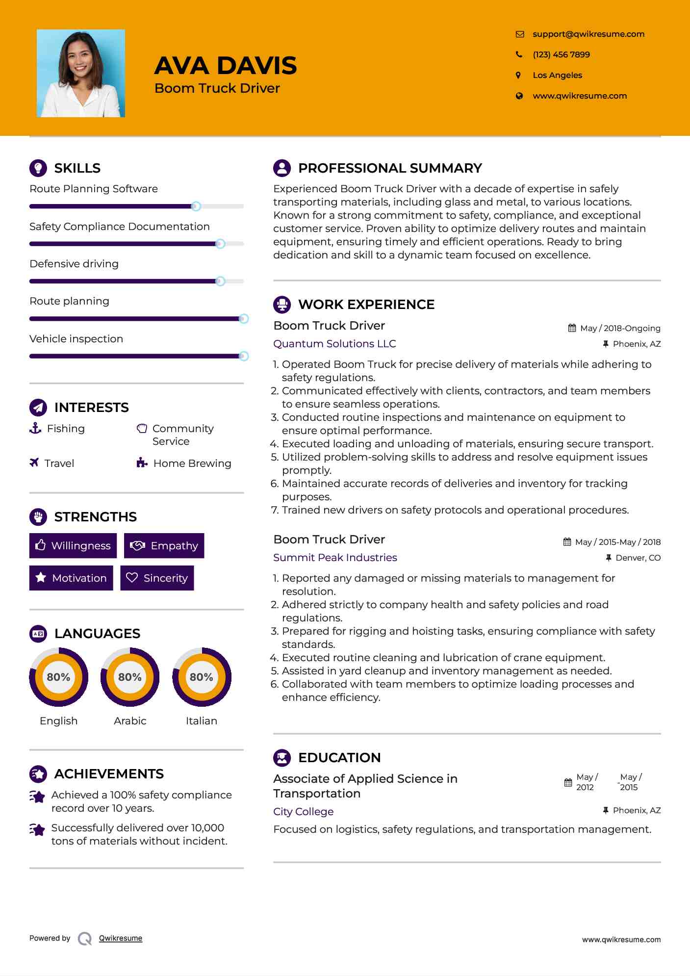 Boom Truck Driver Resume Example