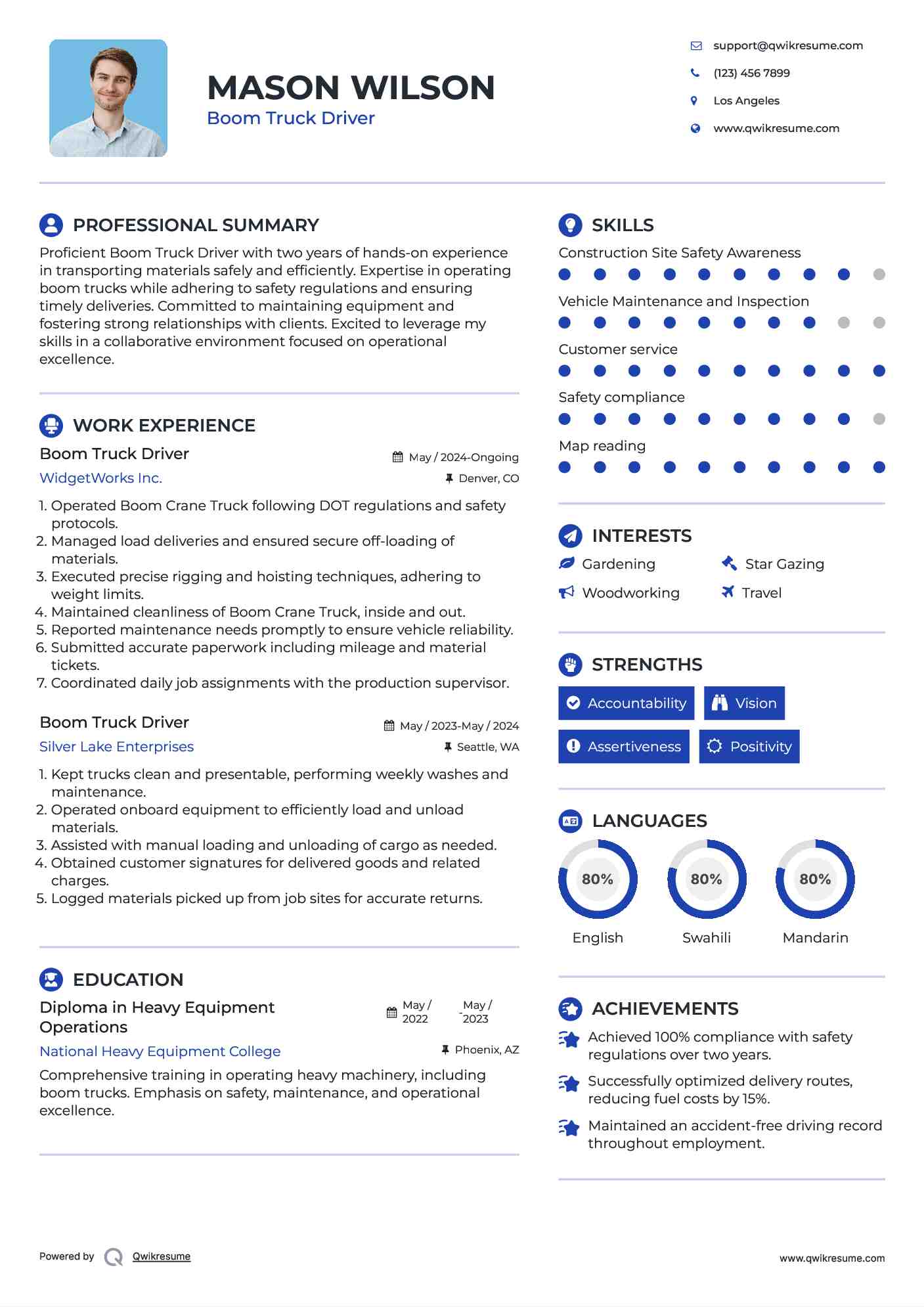 Boom Truck Driver Resume Example