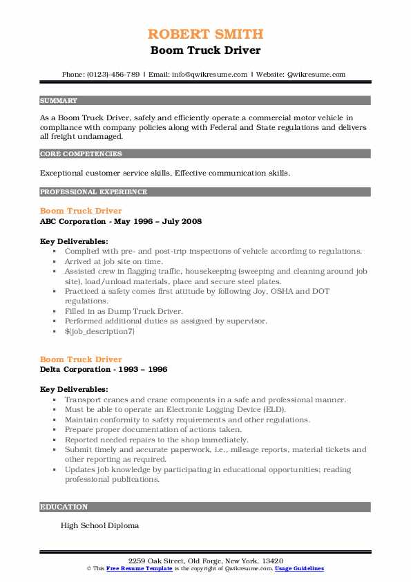 Boom Truck Driver Resume Samples QwikResume
