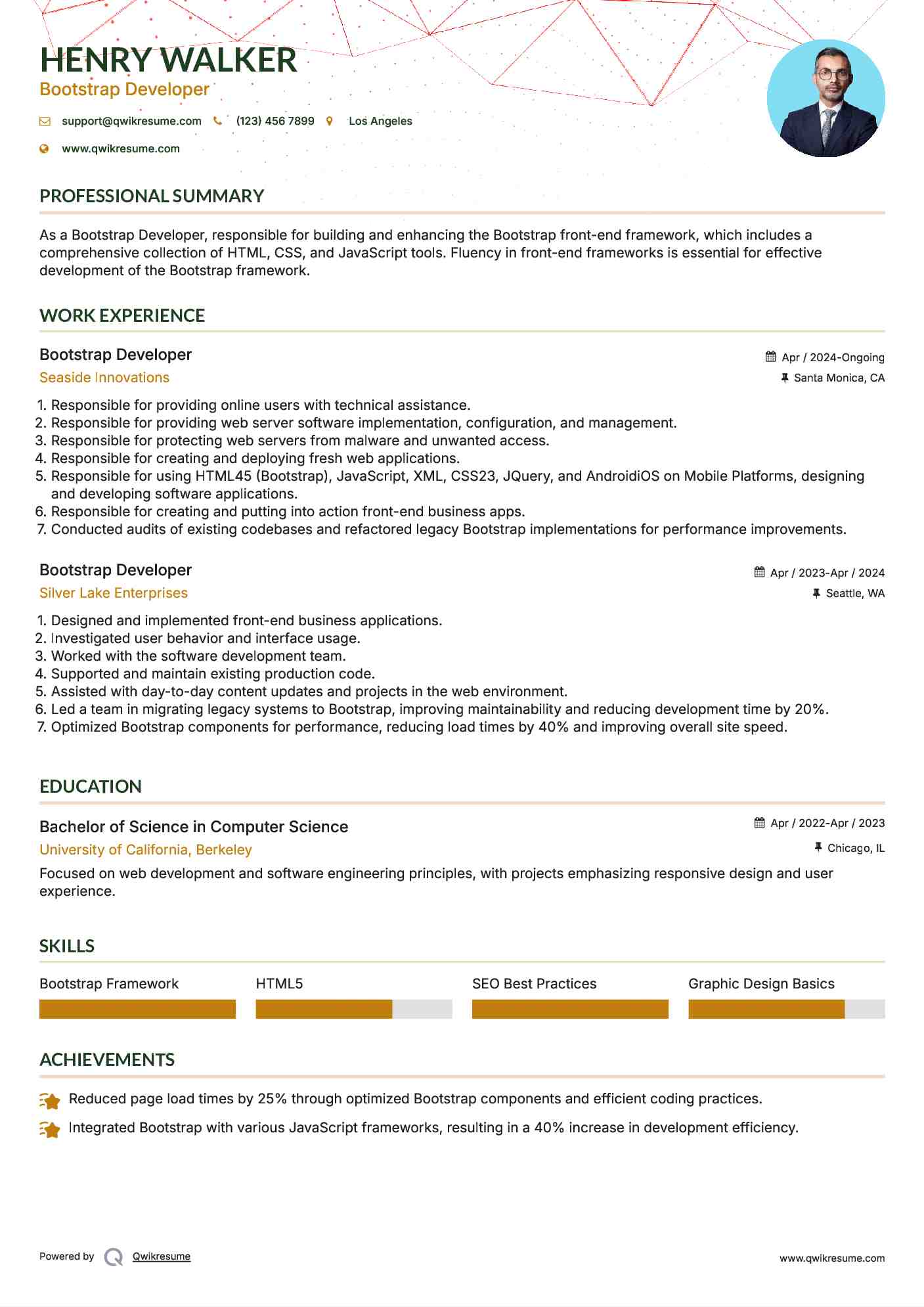 Bootstrap Developer Resume Sample