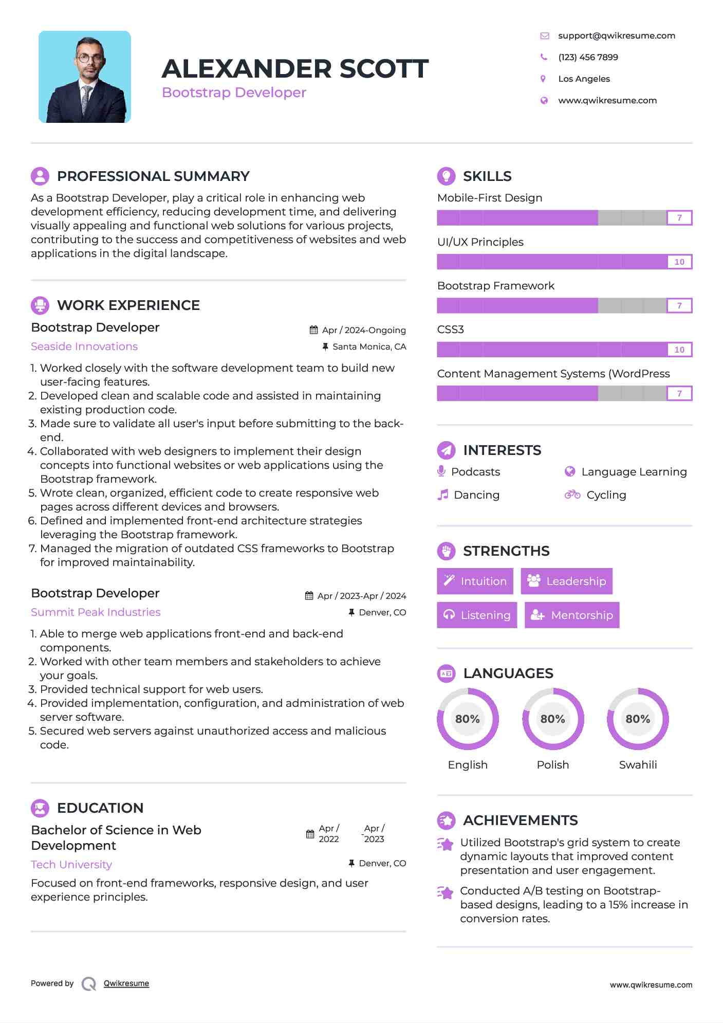 Bootstrap Developer Resume Model