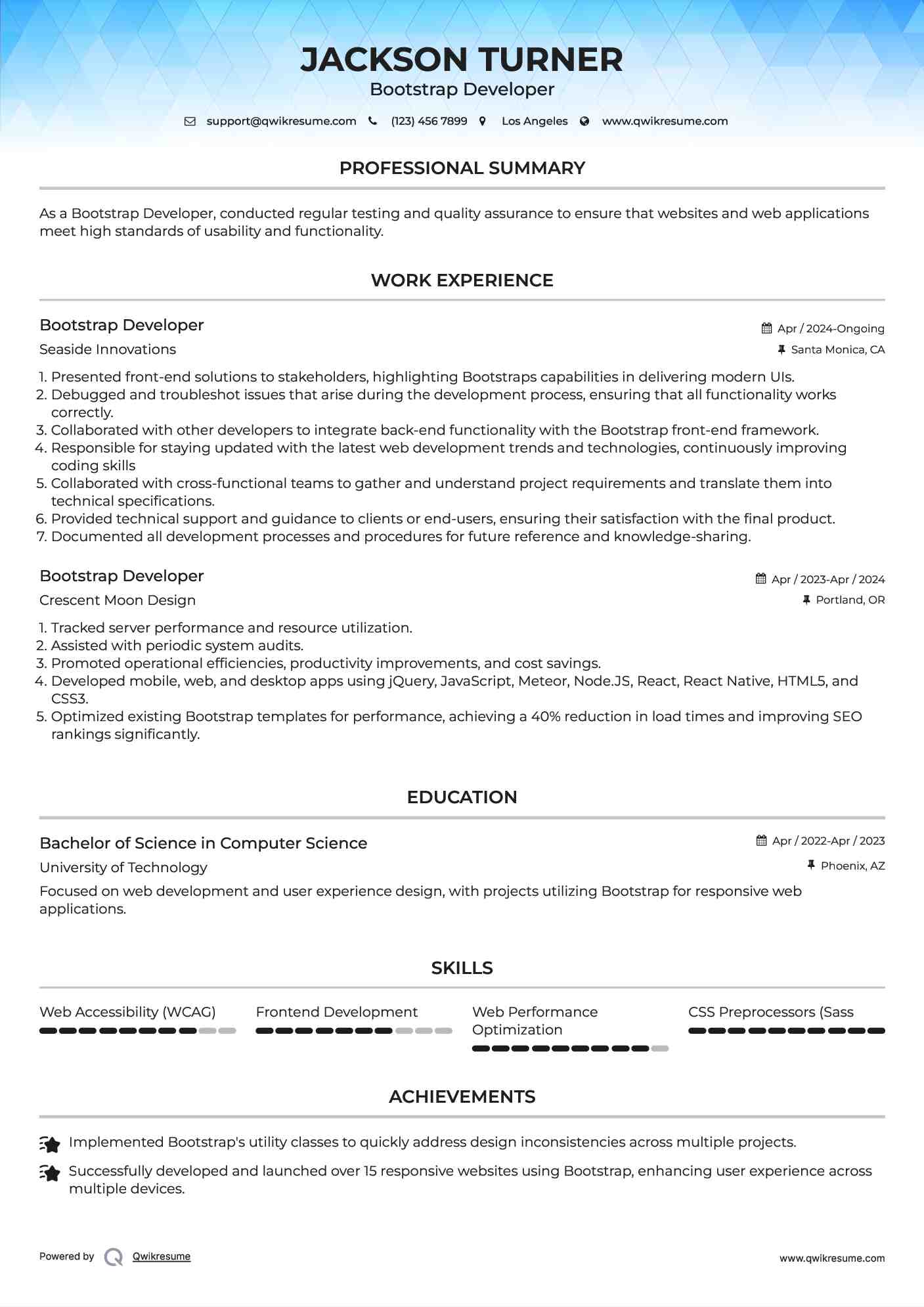 Bootstrap Developer Resume Example