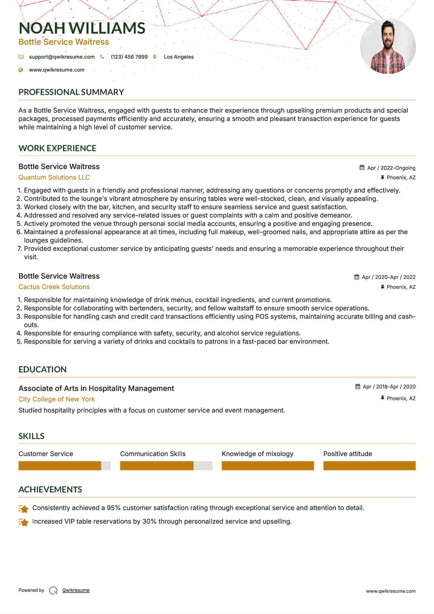 Bottle Service Waitress Resume Example