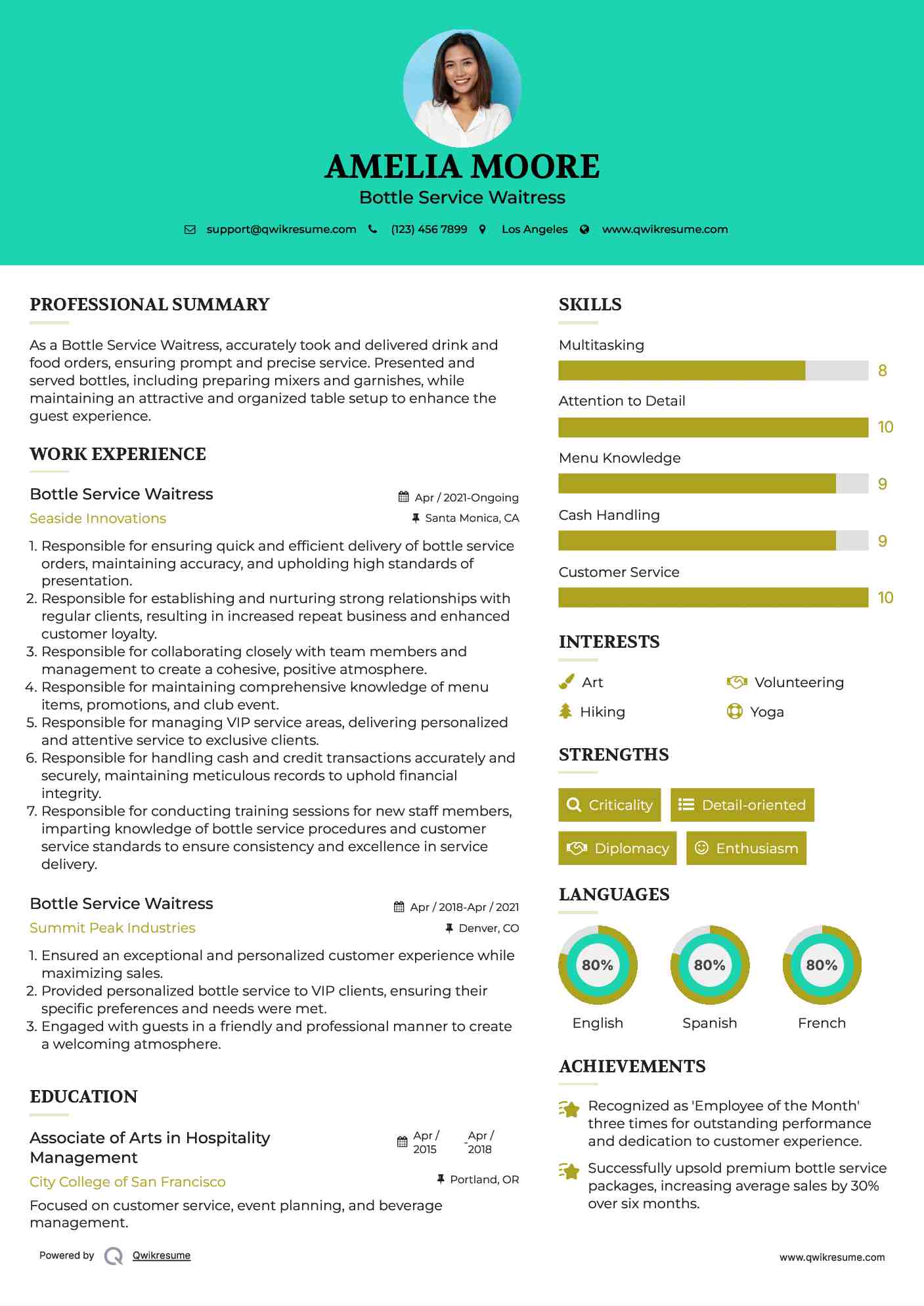 Bottle Service Waitress Resume Sample