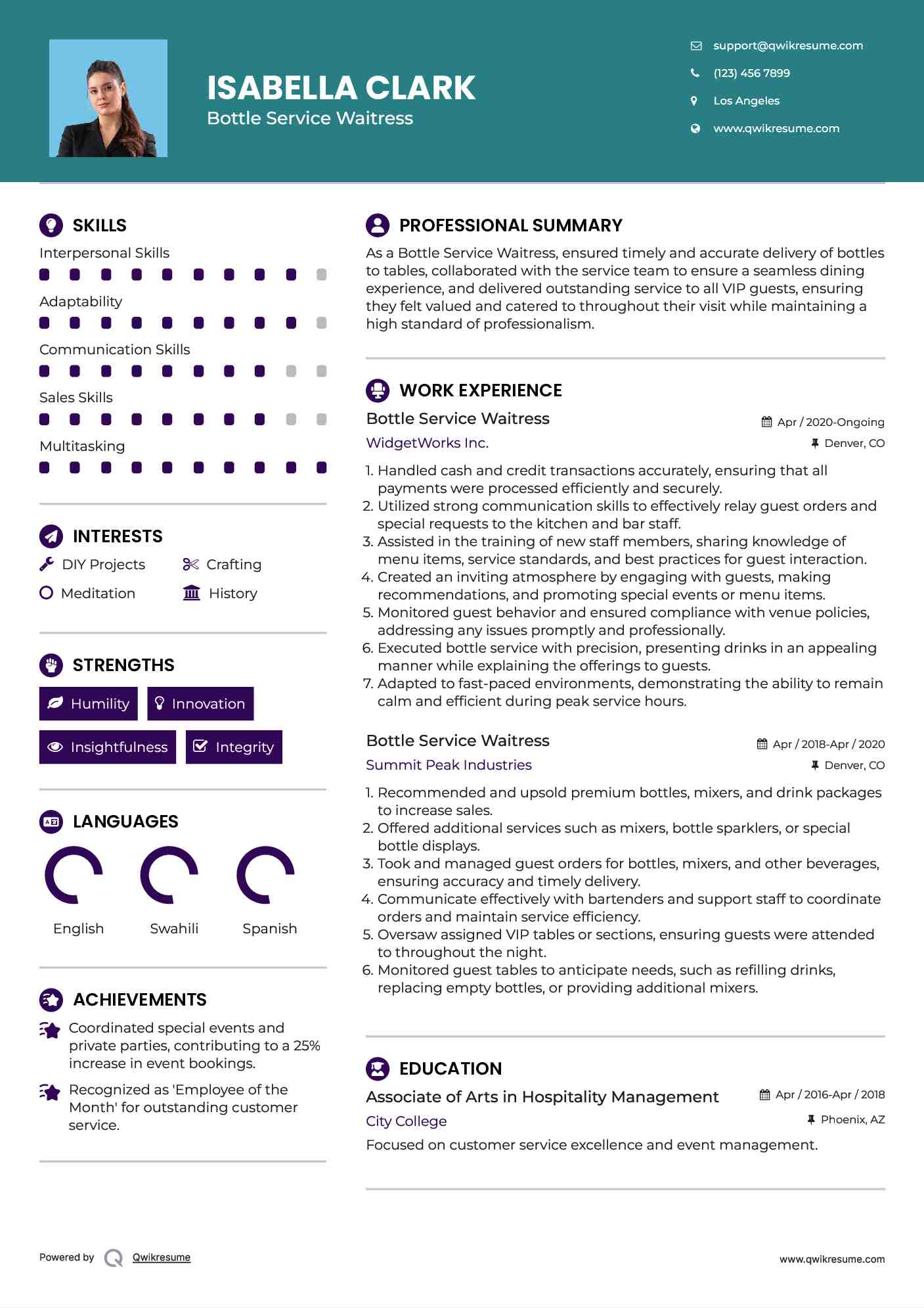 Bottle Service Waitress Resume Sample