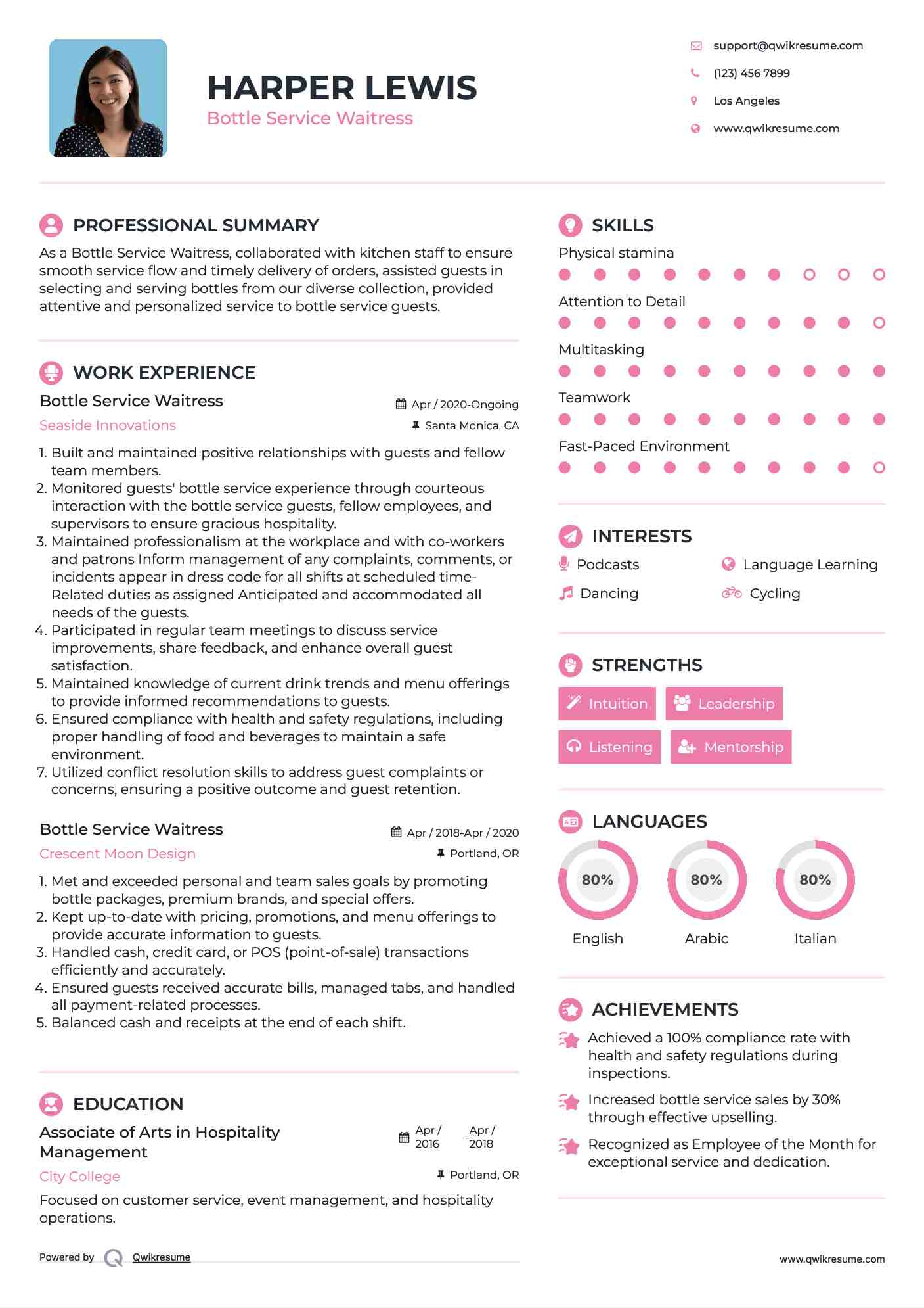 Bottle Service Waitress Resume Model