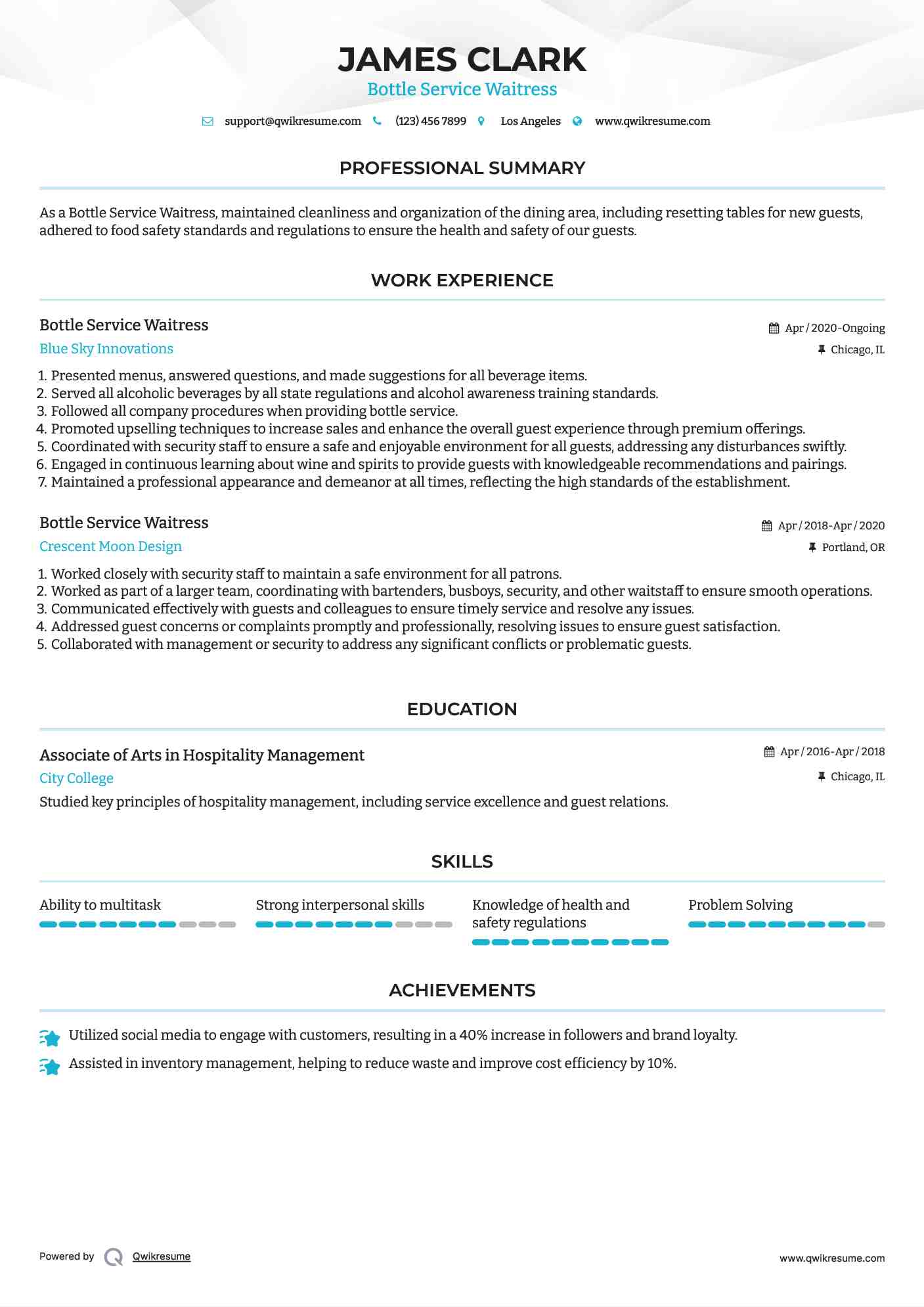 Bottle Service Waitress Resume Model