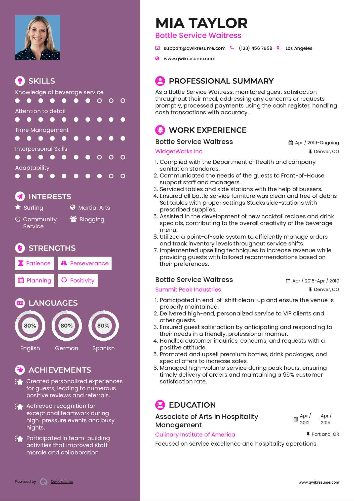 Bottle Service Waitress Resume Sample