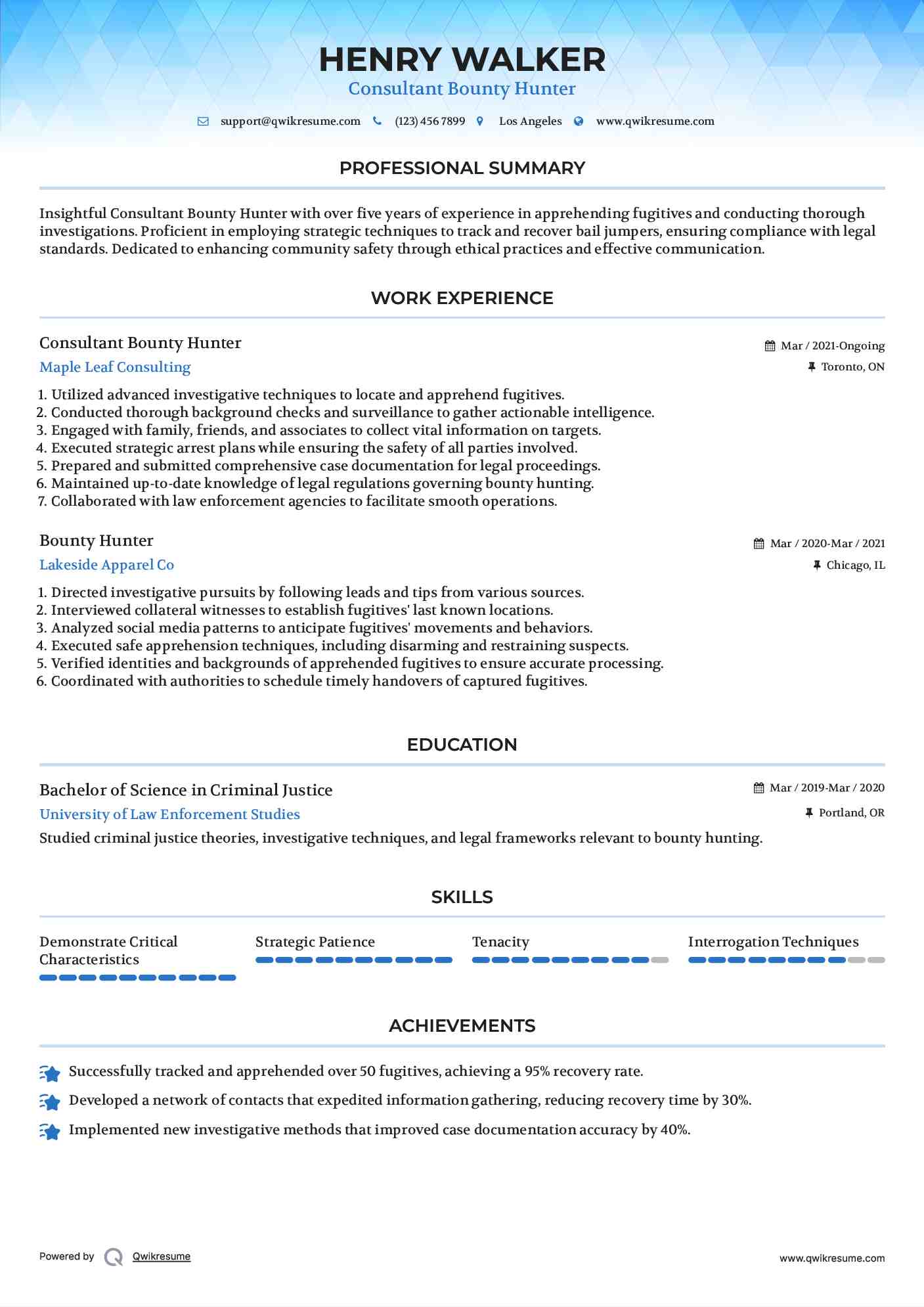 Consultant Bounty Hunter Resume Example