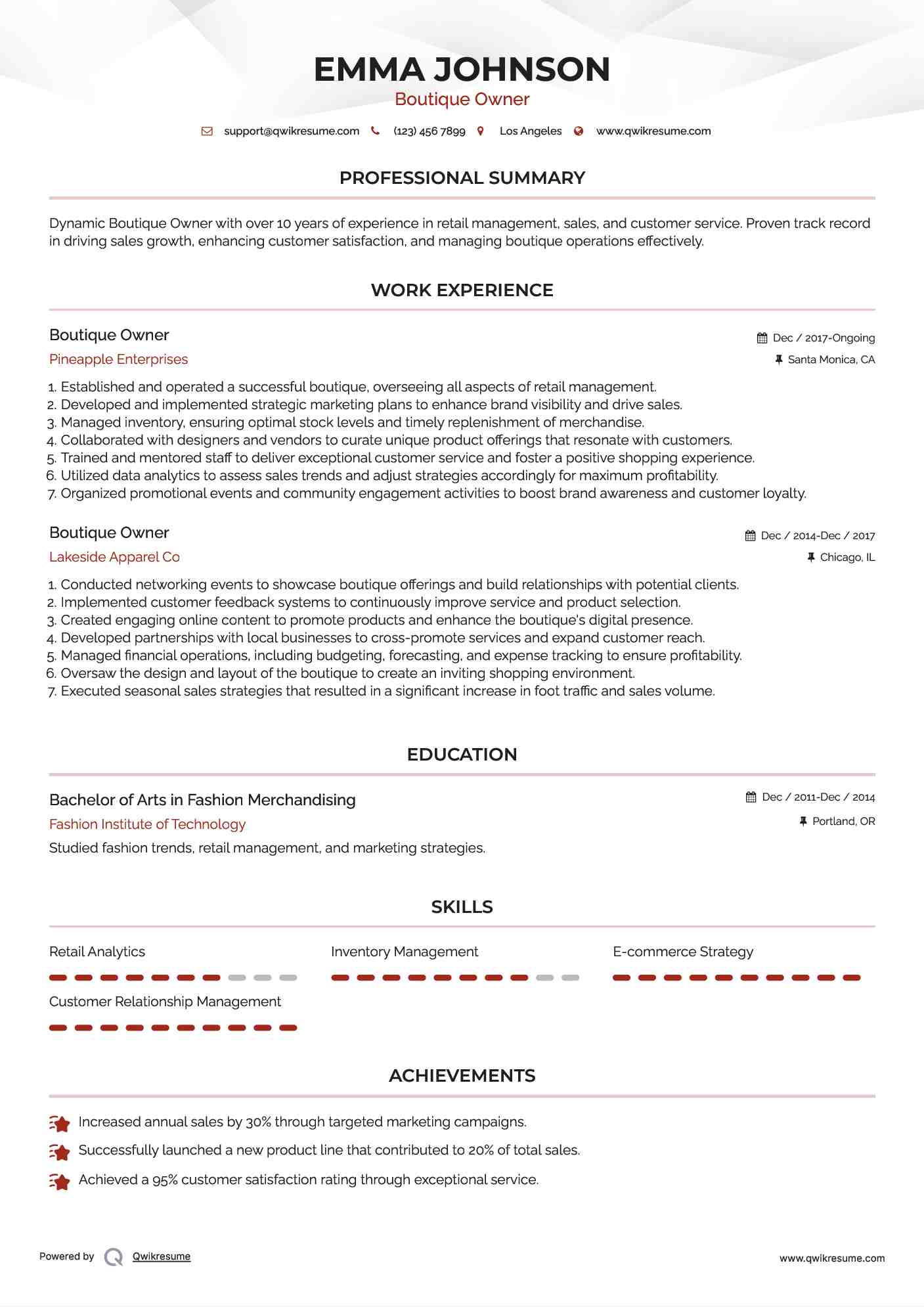 Boutique Owner Resume Sample
