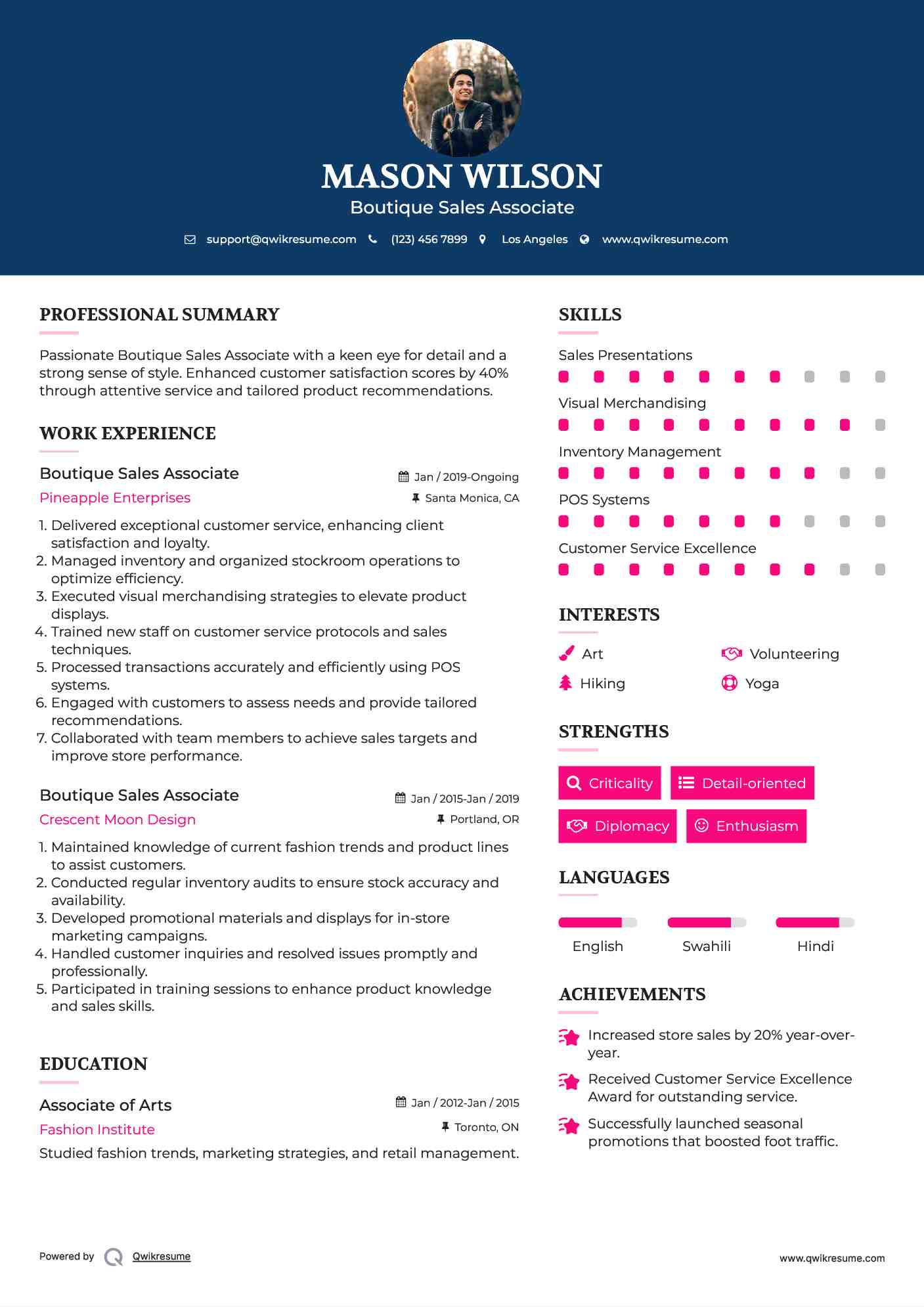 Boutique Sales Associate Resume Sample