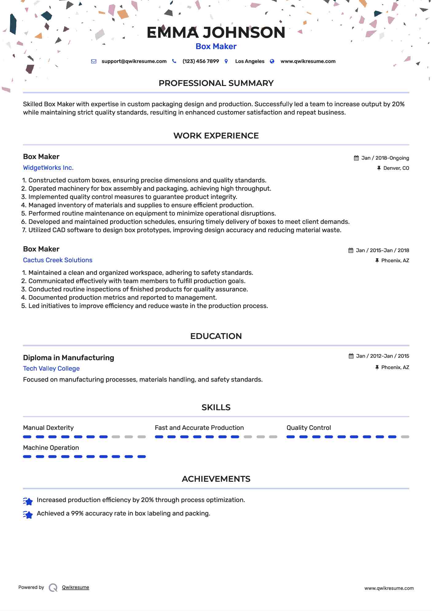 Box Maker Resume Sample