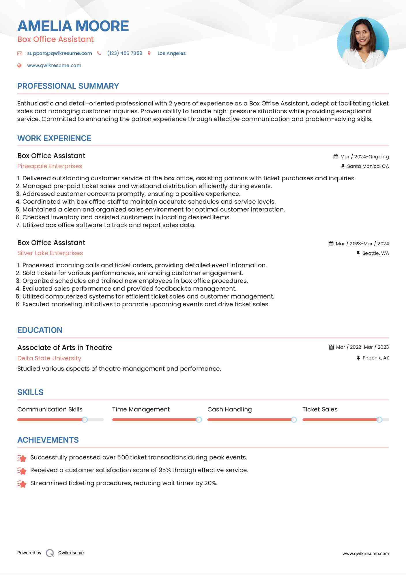 Box Office Assistant Resume Sample