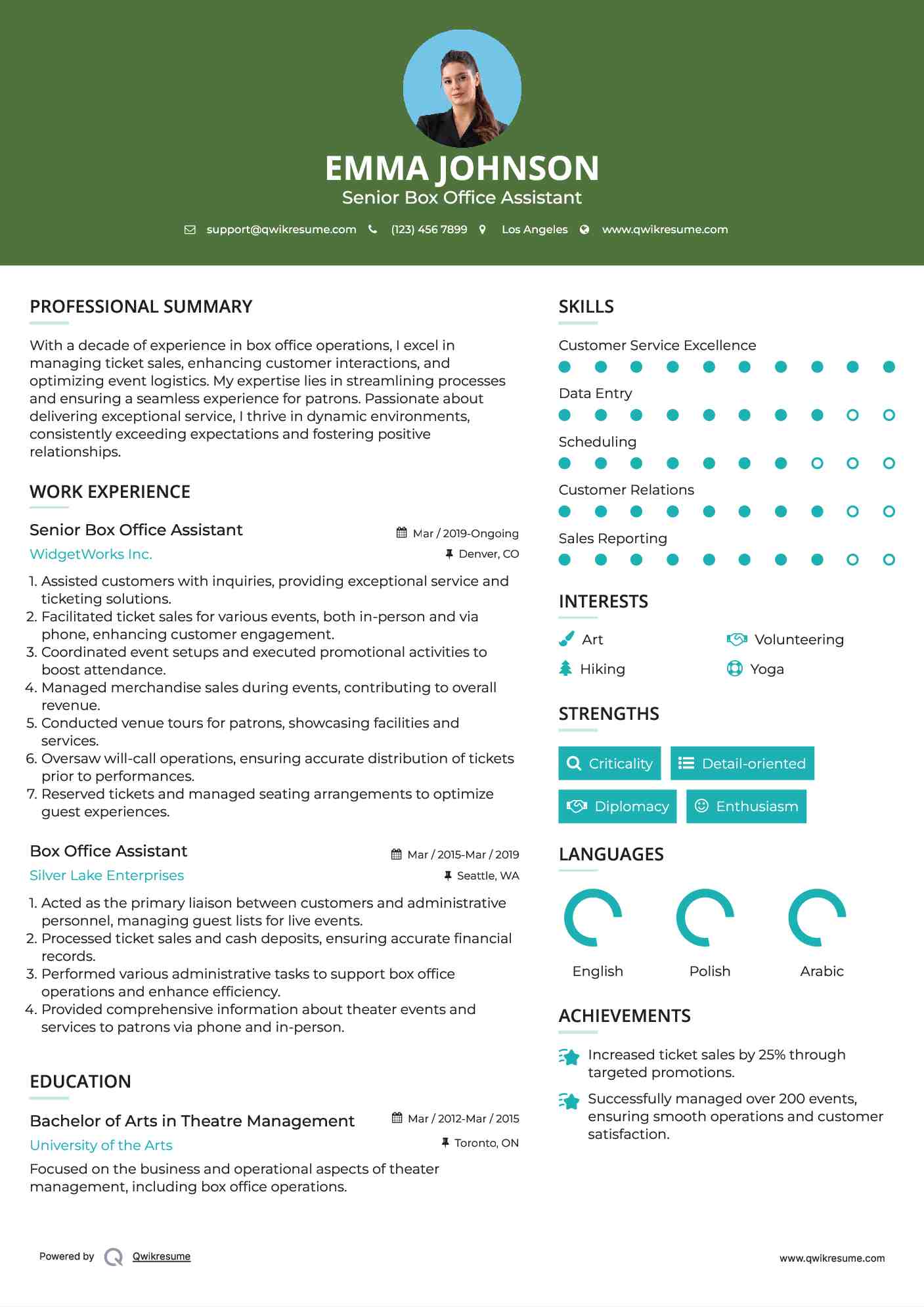 Senior Box Office Assistant Resume Sample