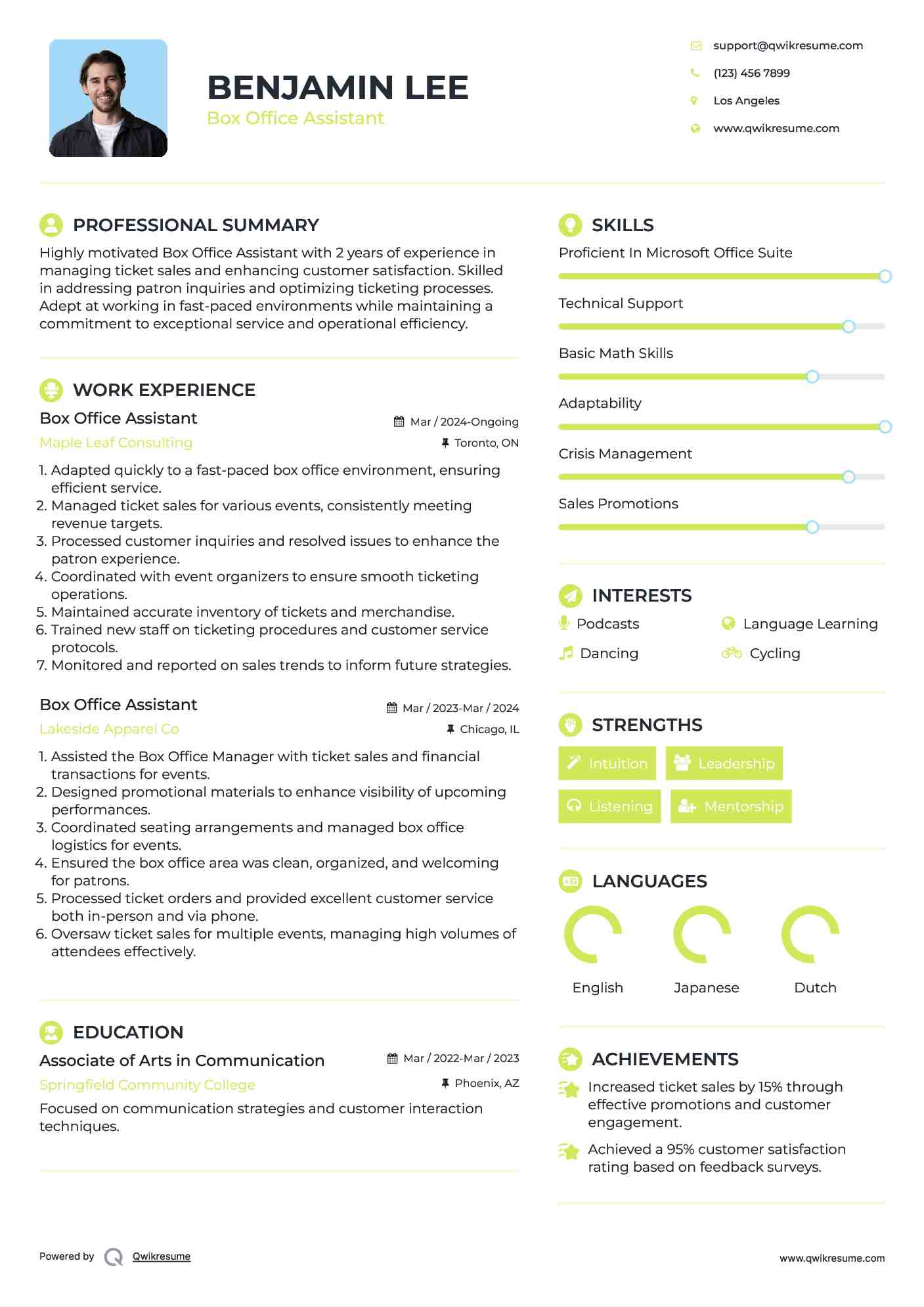 Box Office Assistant Resume Sample