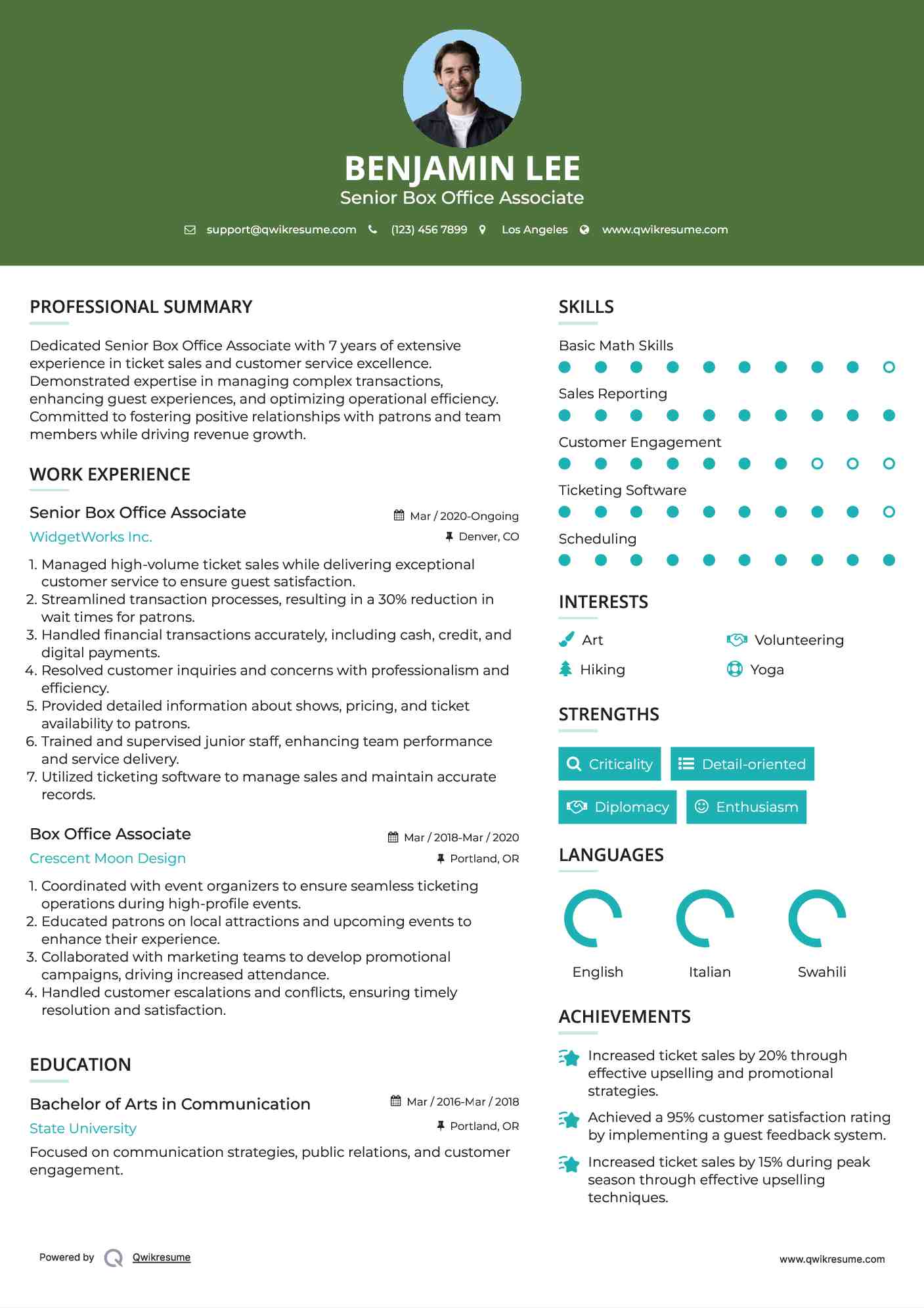 Senior Box Office Associate Resume Example