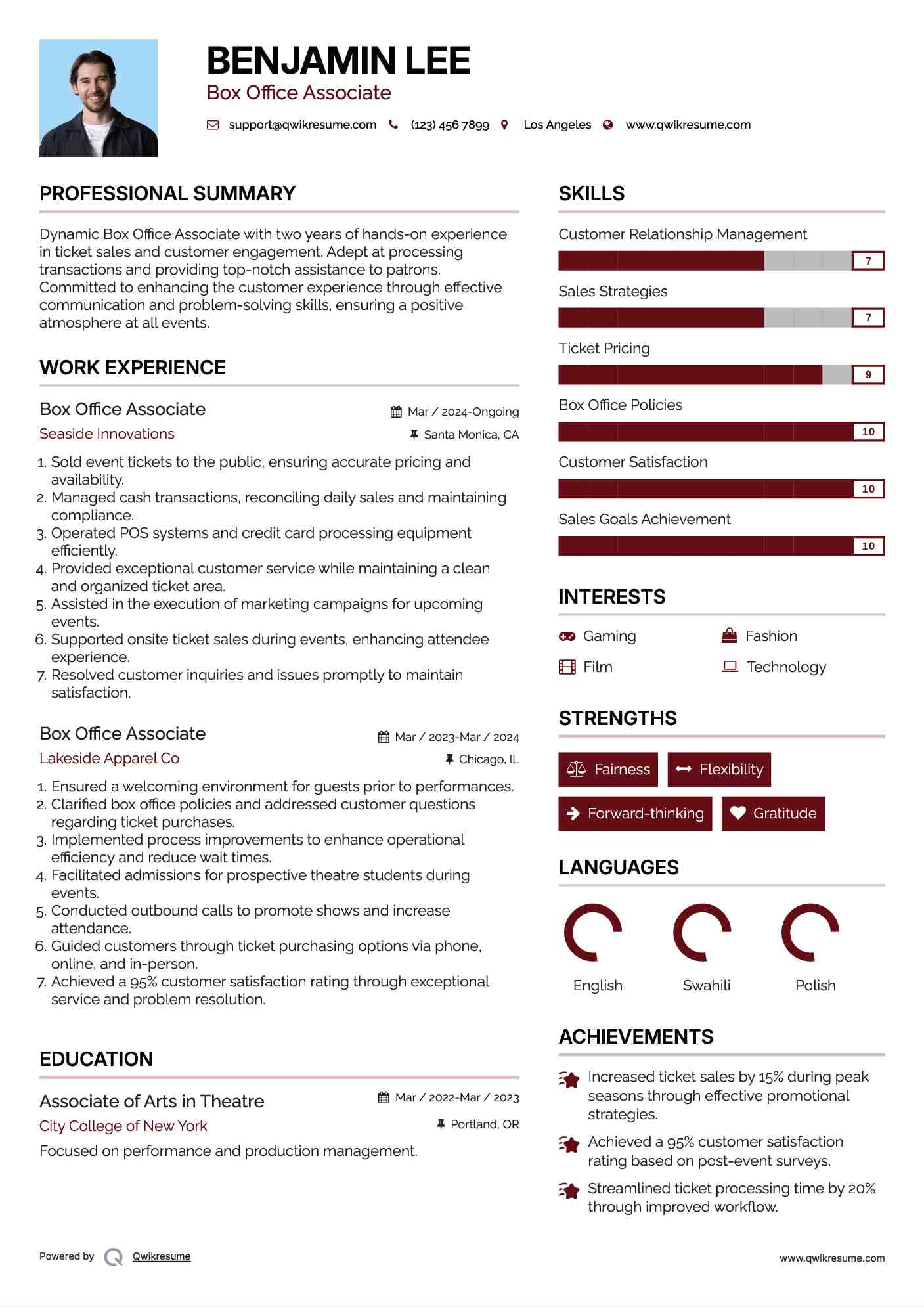 Box Office Associate Resume Example