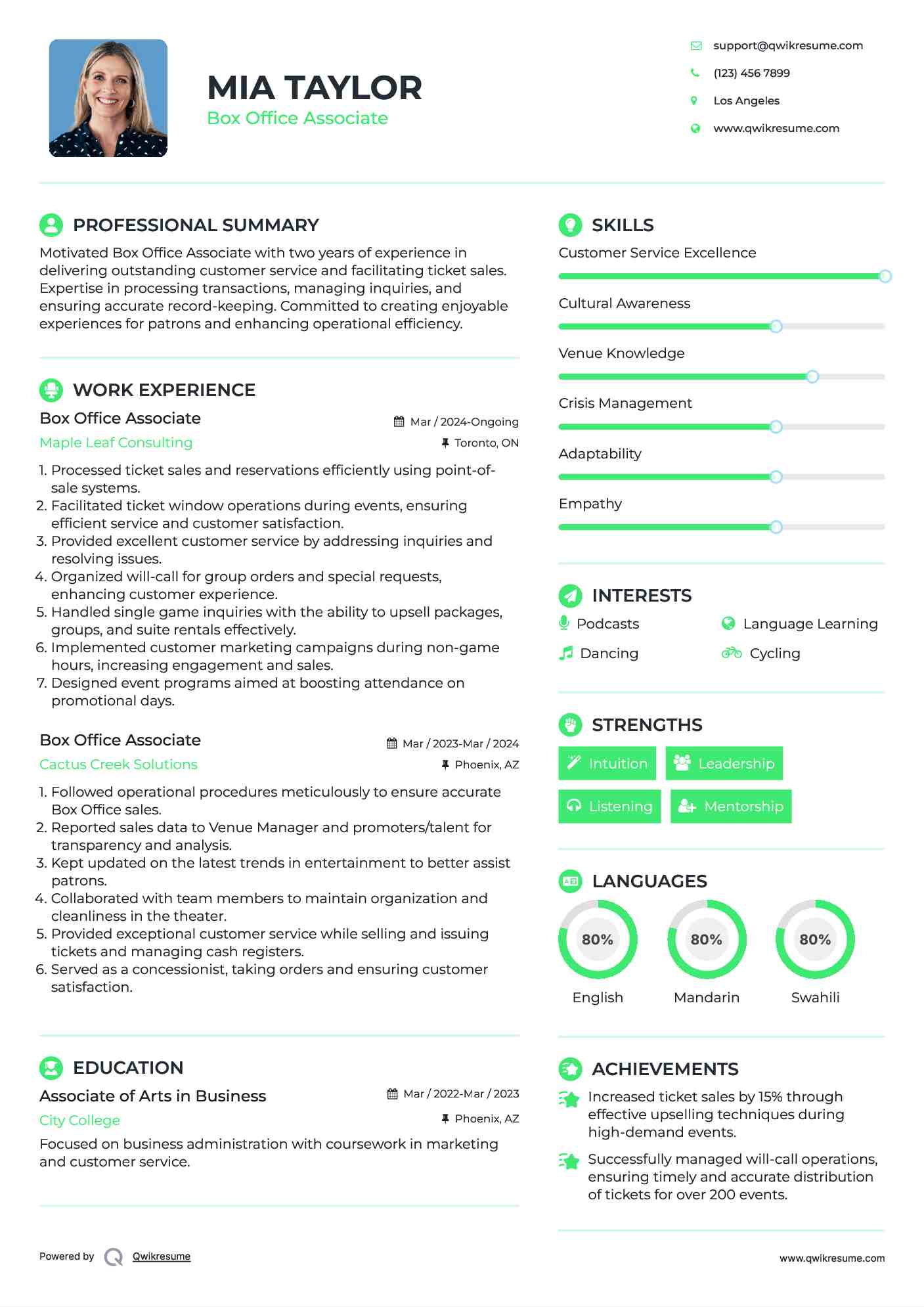 Box Office Associate Resume Samples QwikResume