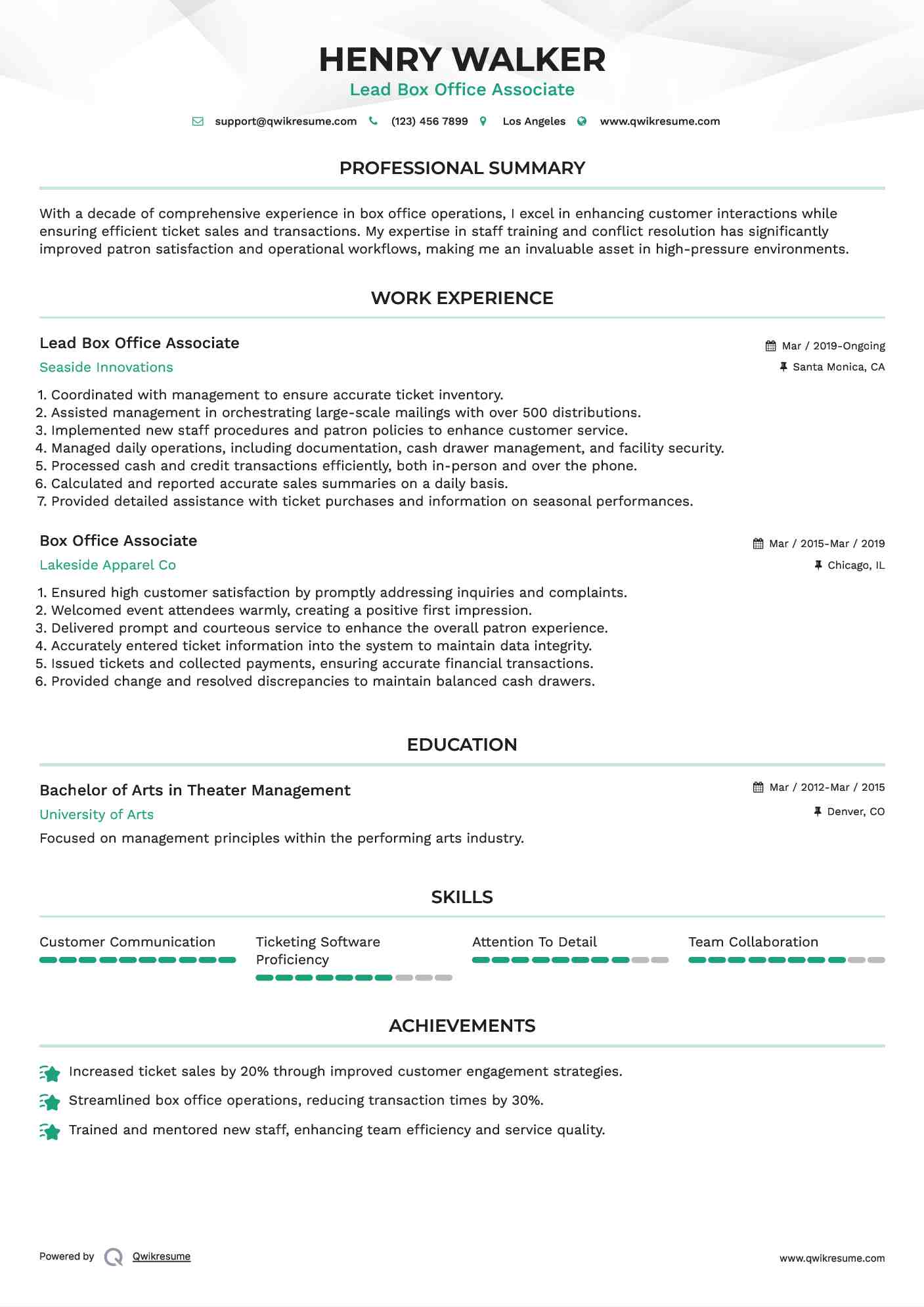 Lead Box Office Associate Resume Sample