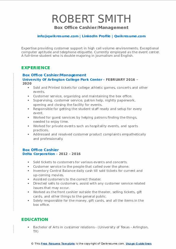 Box Office Cashier Resume Samples QwikResume