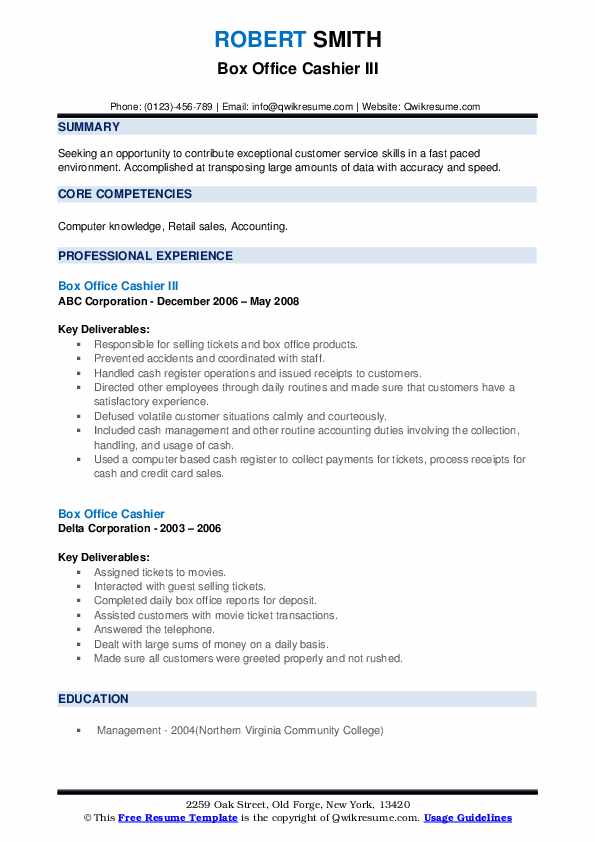 Box Office Cashier Resume Samples QwikResume