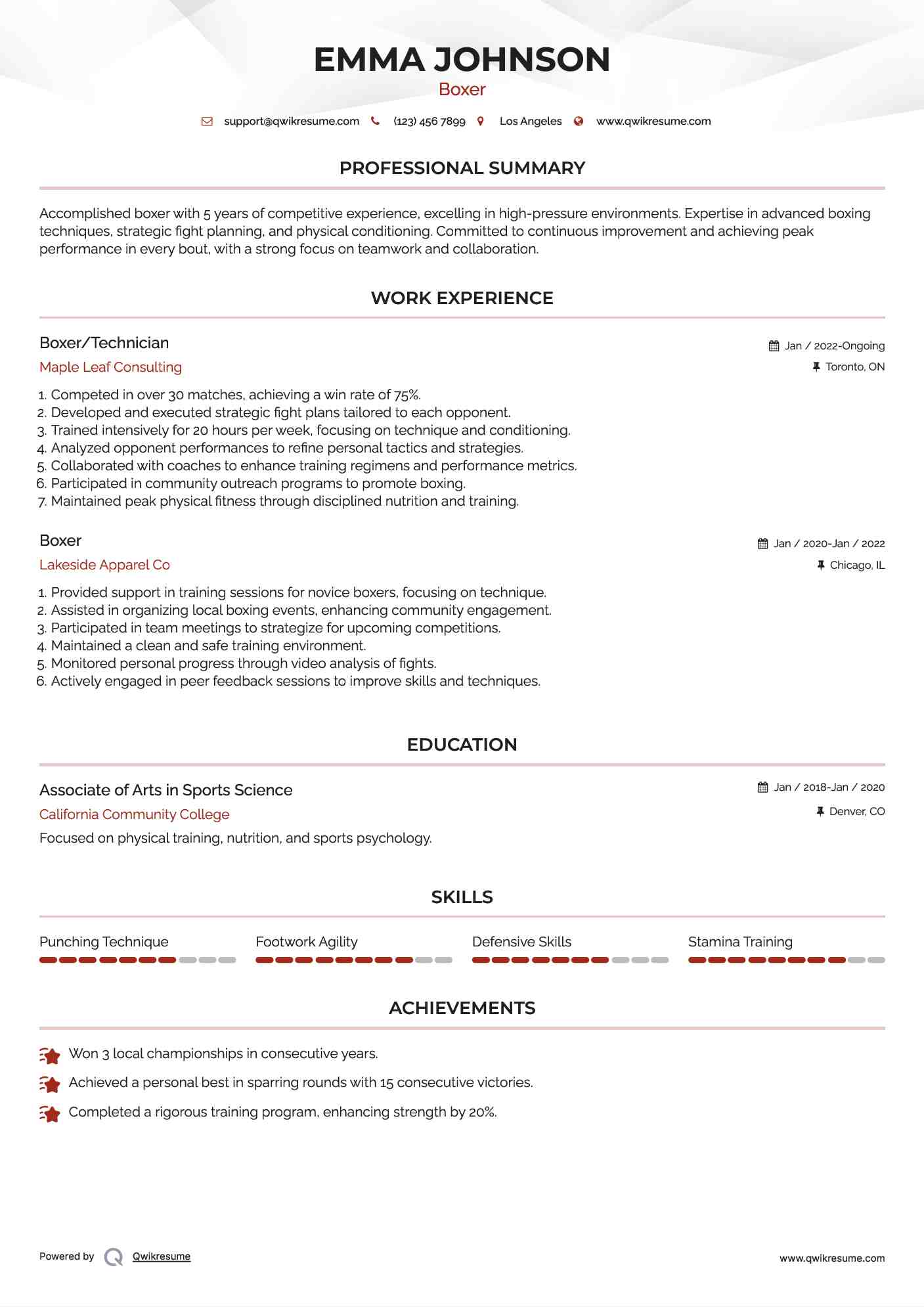 Boxer/Technician Resume Example