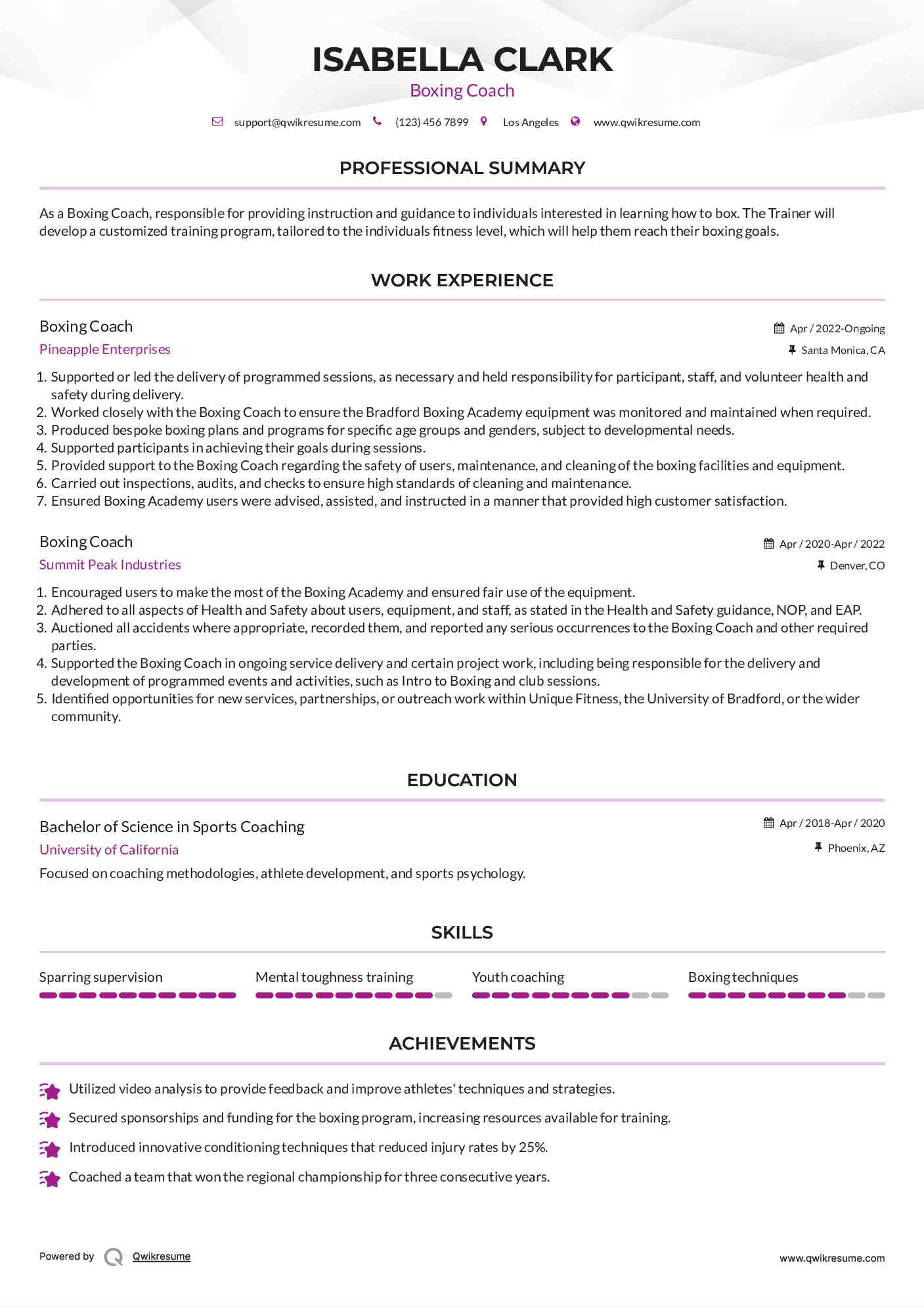 Boxing Coach Resume Example