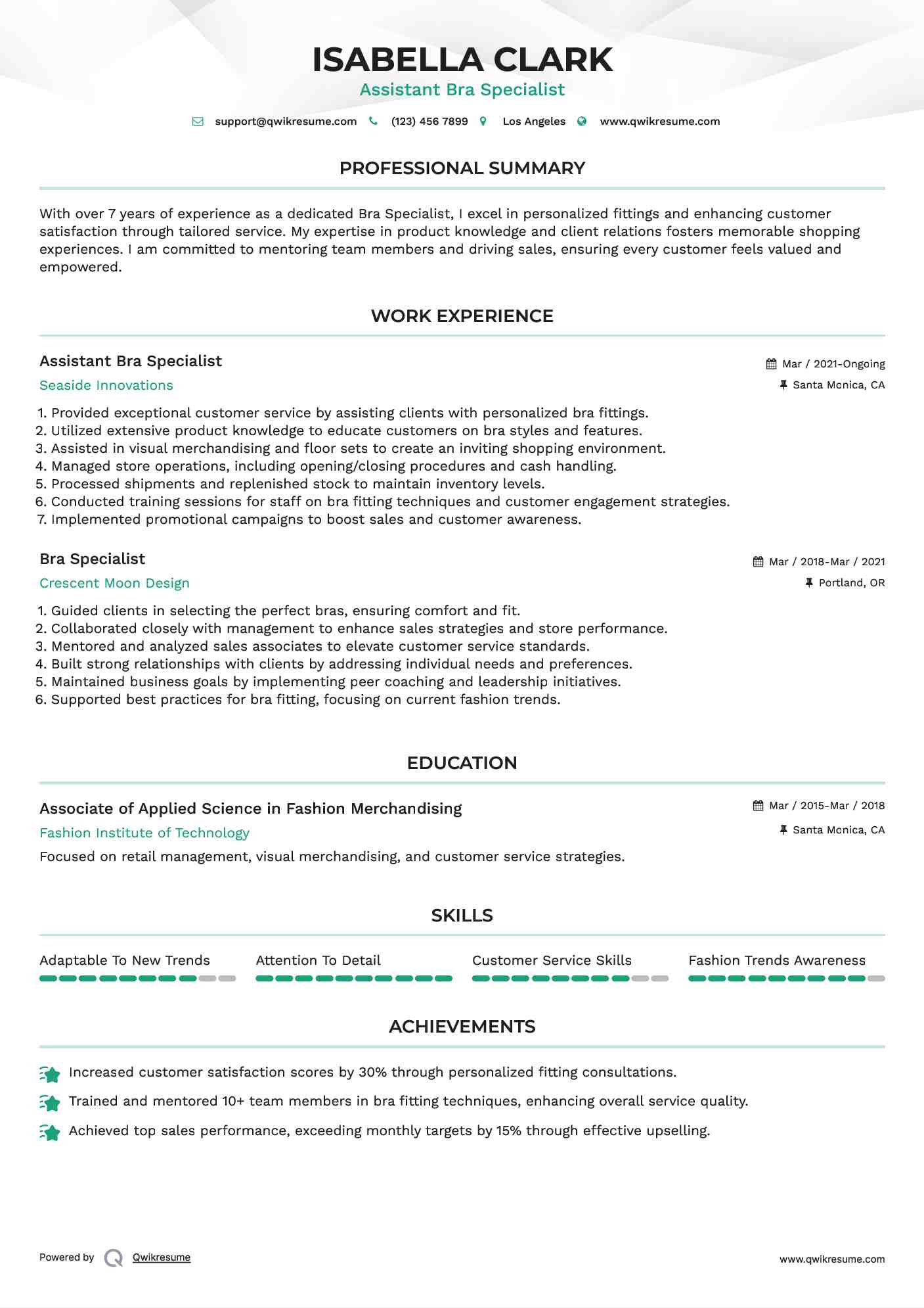 Assistant Bra Specialist Resume Model