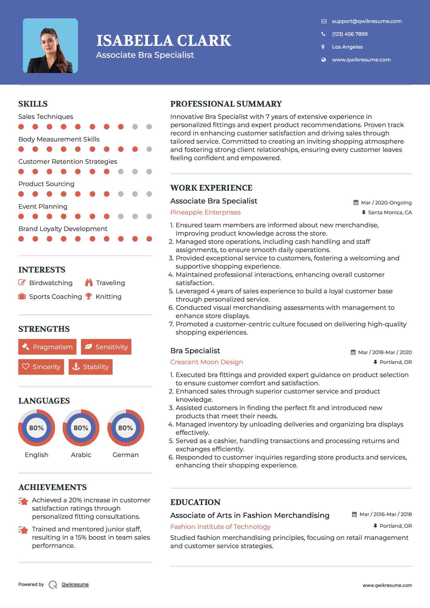 Associate Bra Specialist Resume Sample