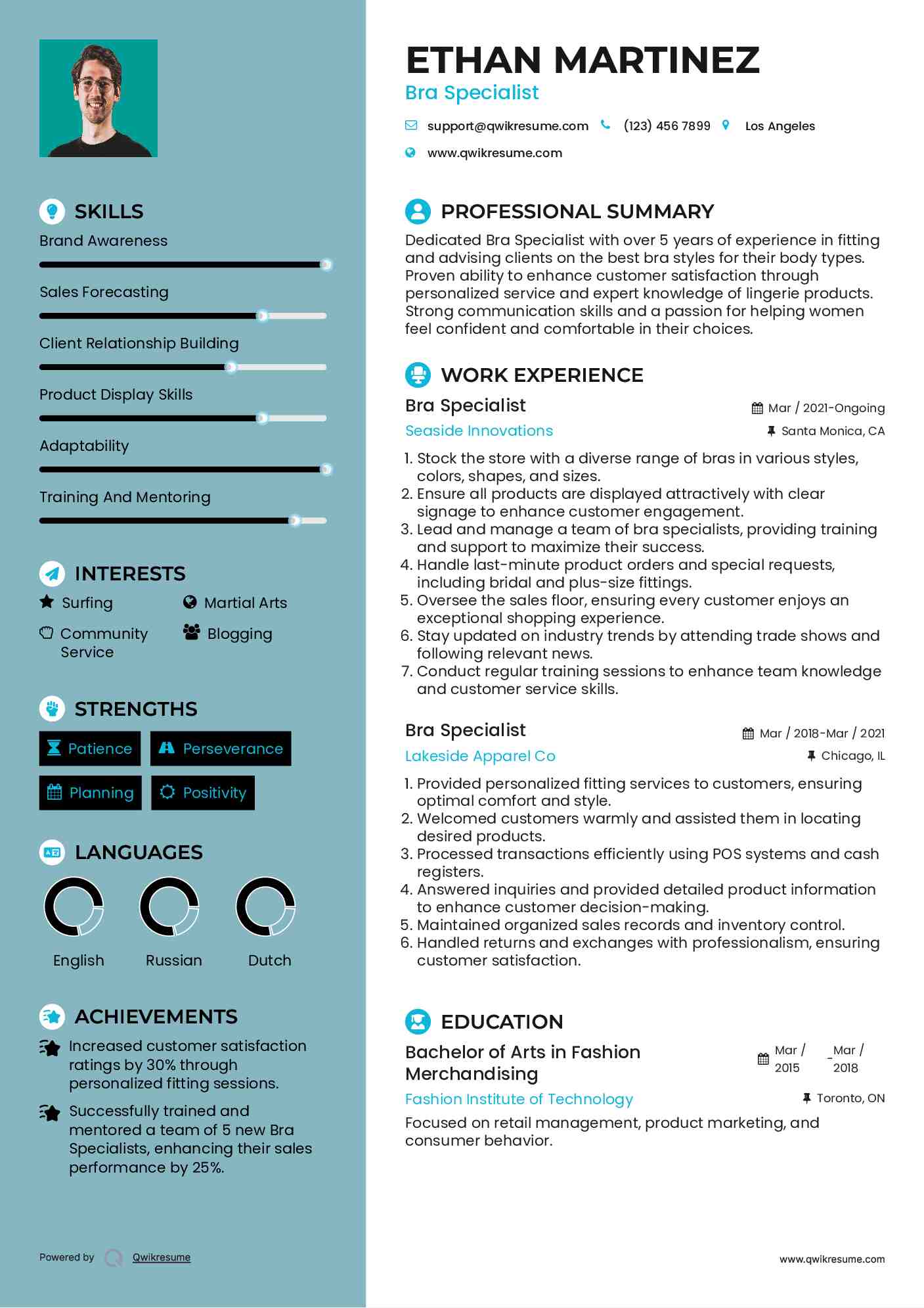 Bra Specialist Resume Sample
