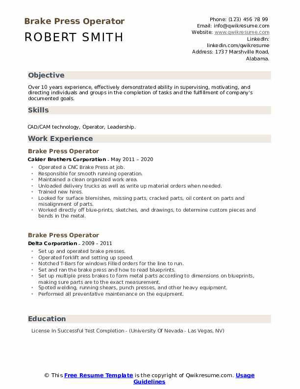 Brake Press Operator Resume Samples QwikResume