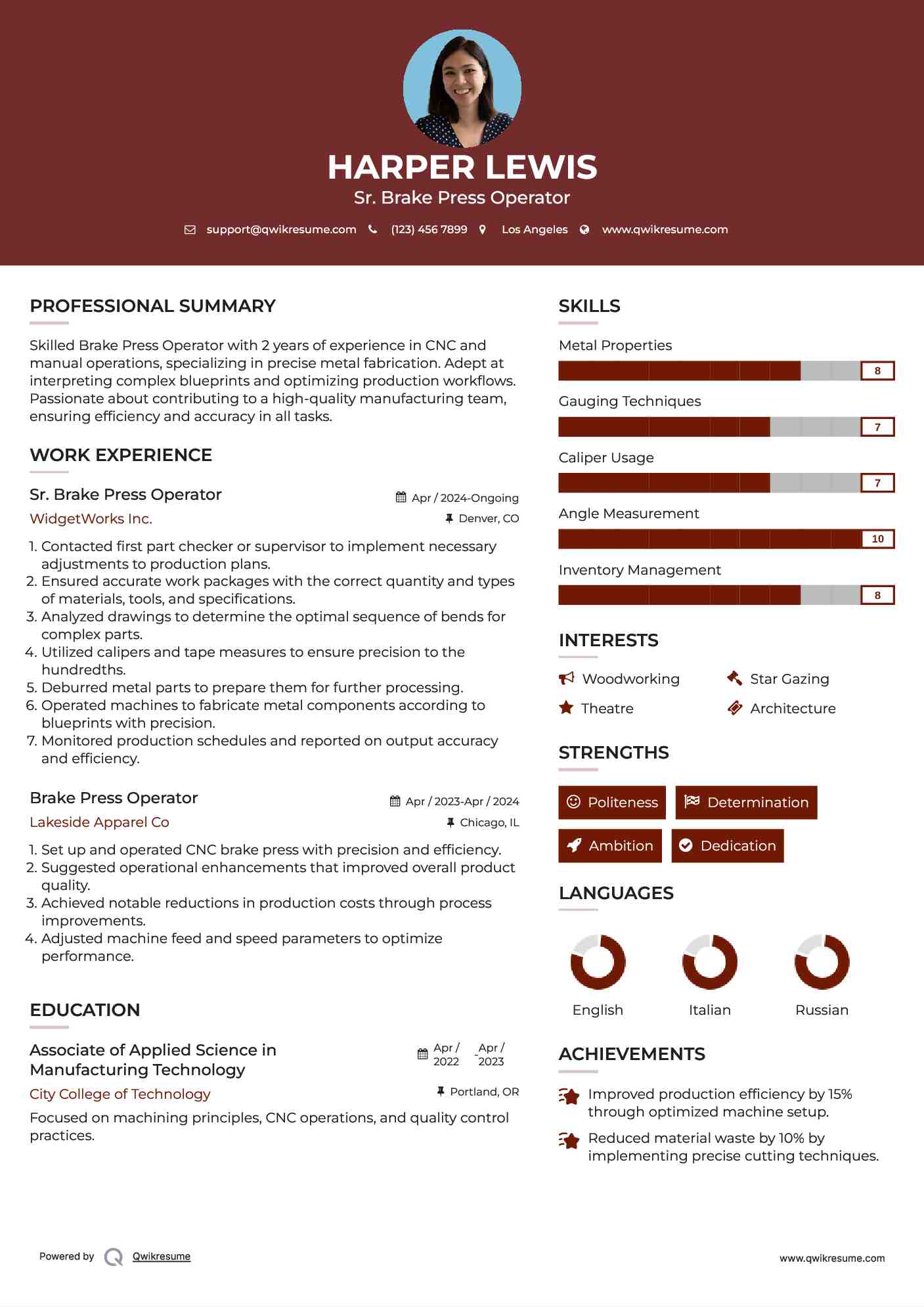 Sr. Brake Press Operator Resume Sample