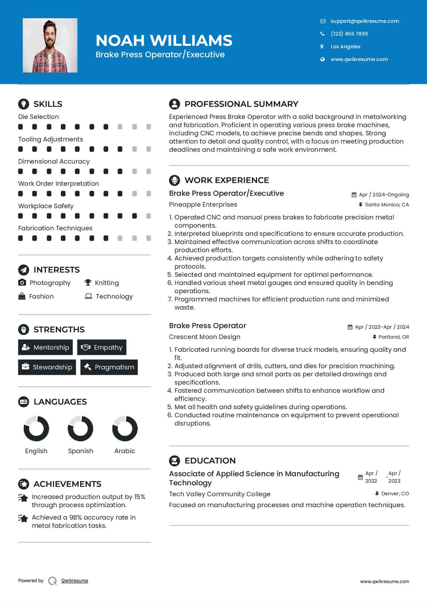 Brake Press Operator/Executive Resume Model