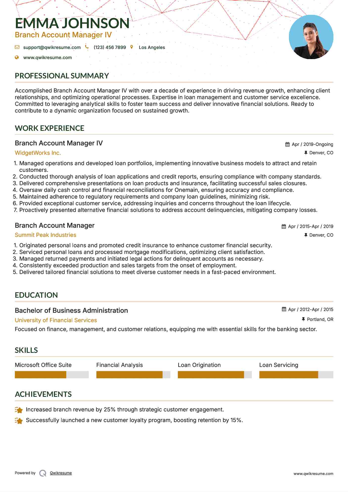 Branch Account Manager IV Resume Model