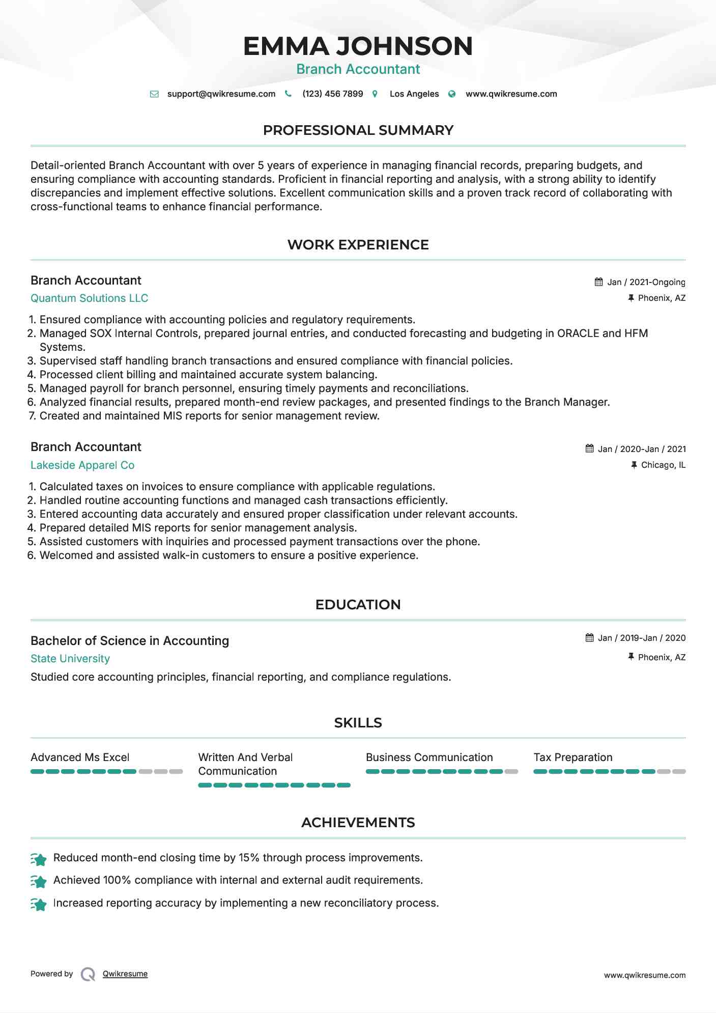 Branch Accountant Resume Example