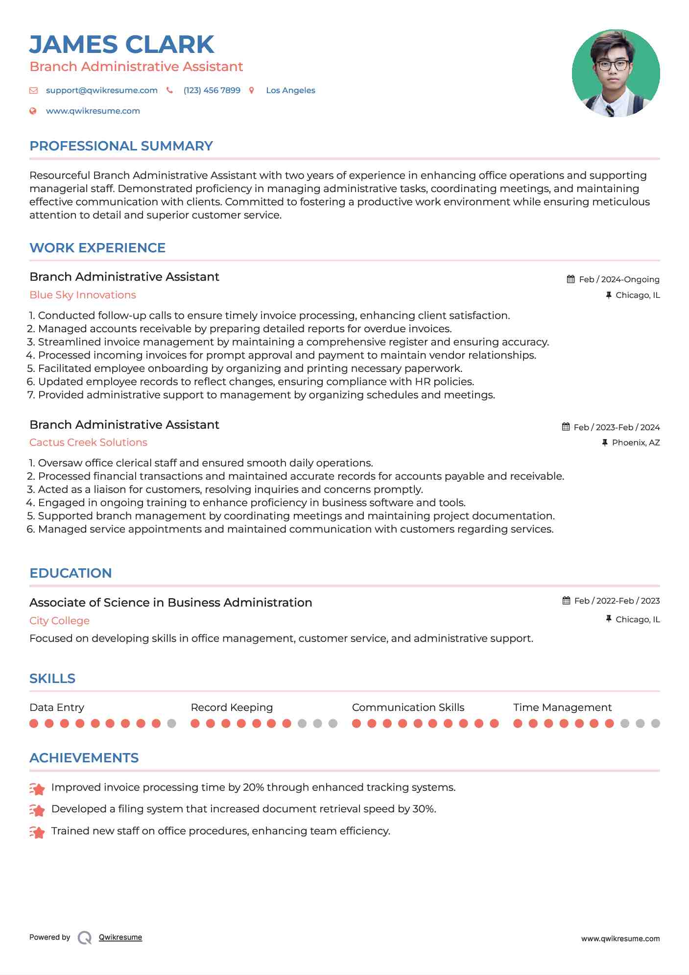 Branch Administrative Assistant Resume Template