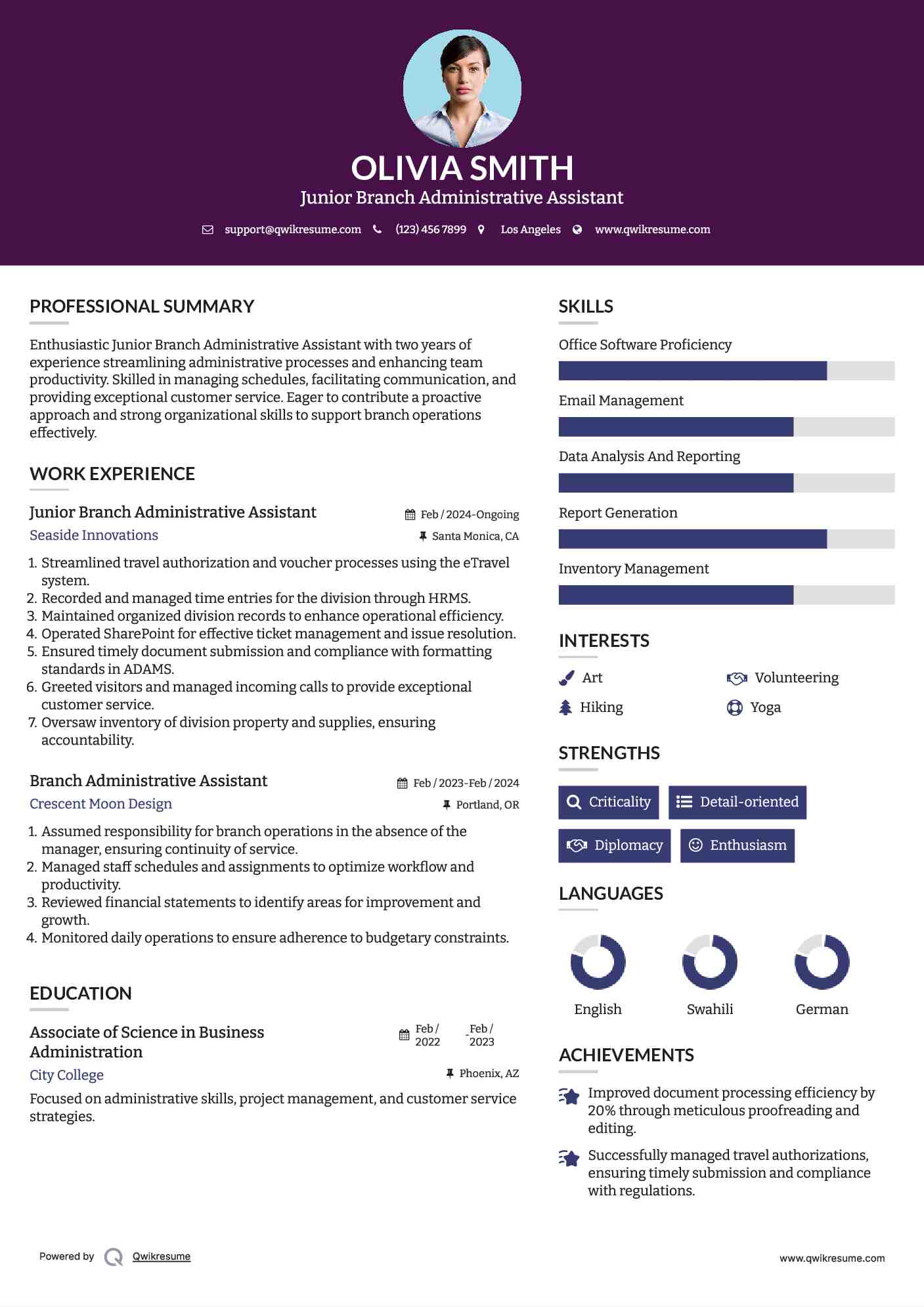 Junior Branch Administrative Assistant Resume Sample