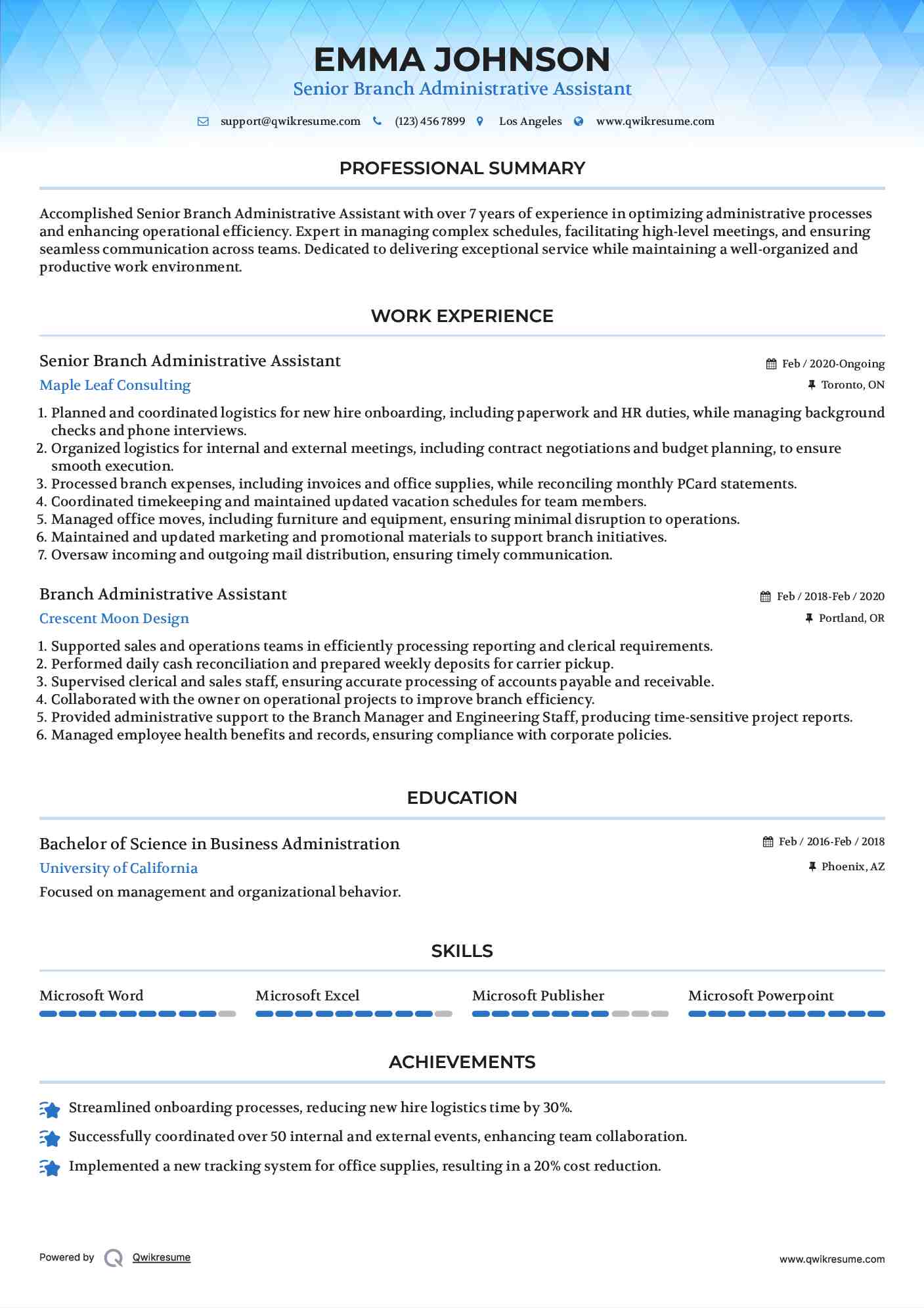 Senior Branch Administrative Assistant Resume Template