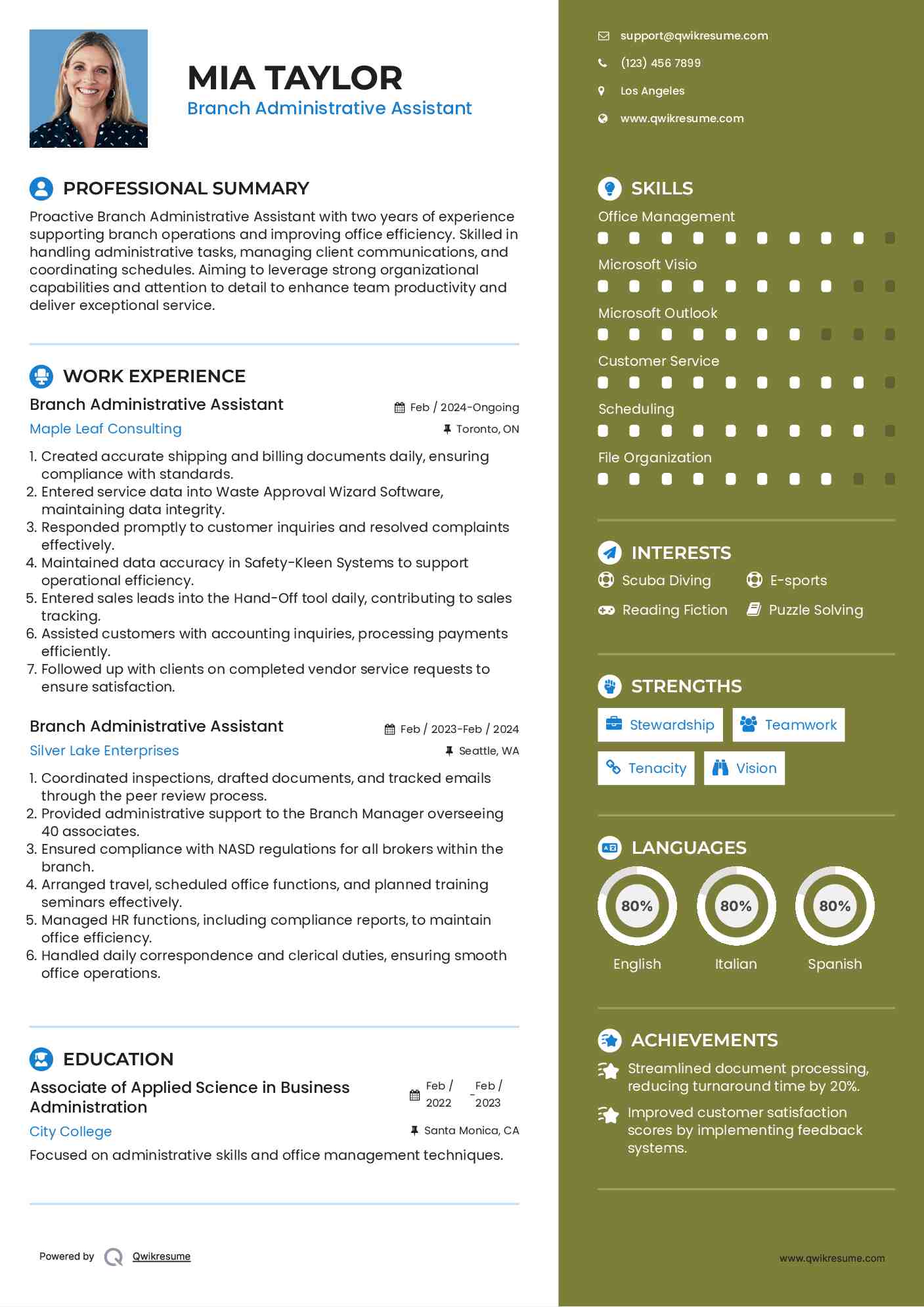 Branch Administrative Assistant Resume Sample