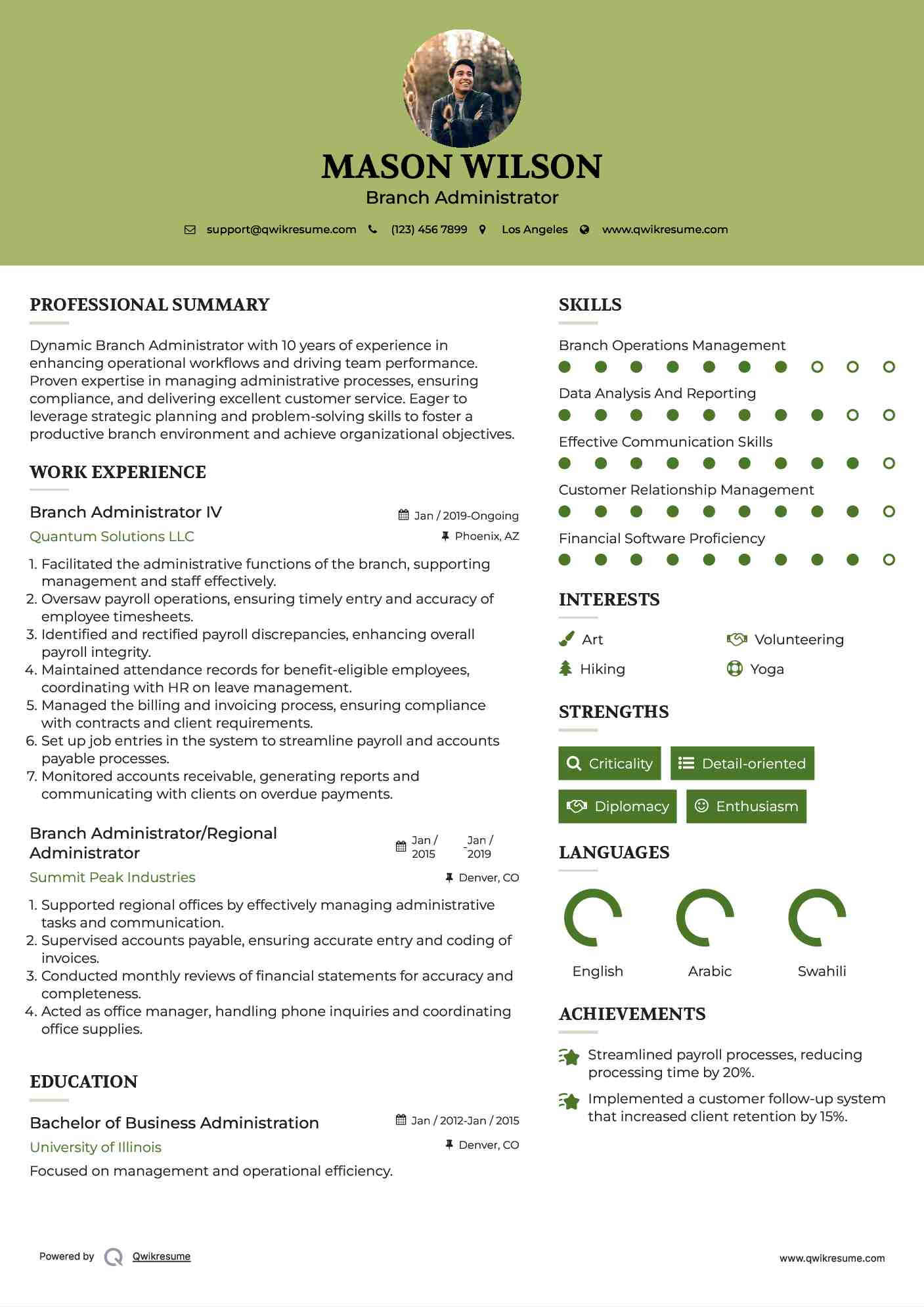Branch Administrator Resume Samples QwikResume