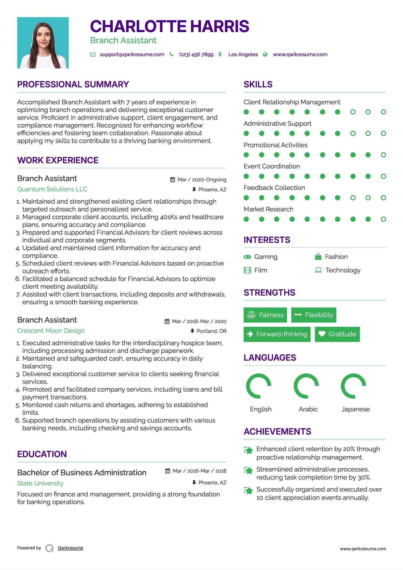 Branch Assistant Resume Model
