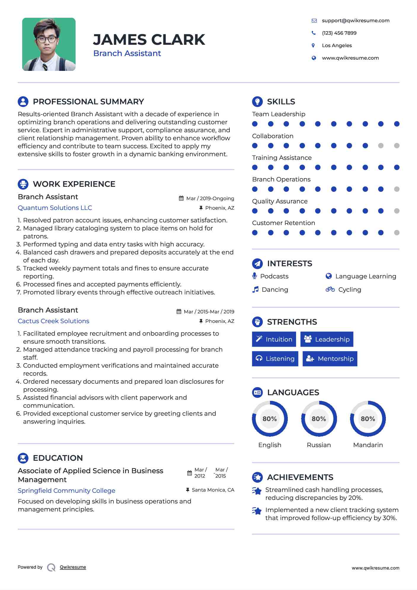 Branch Assistant Resume Model