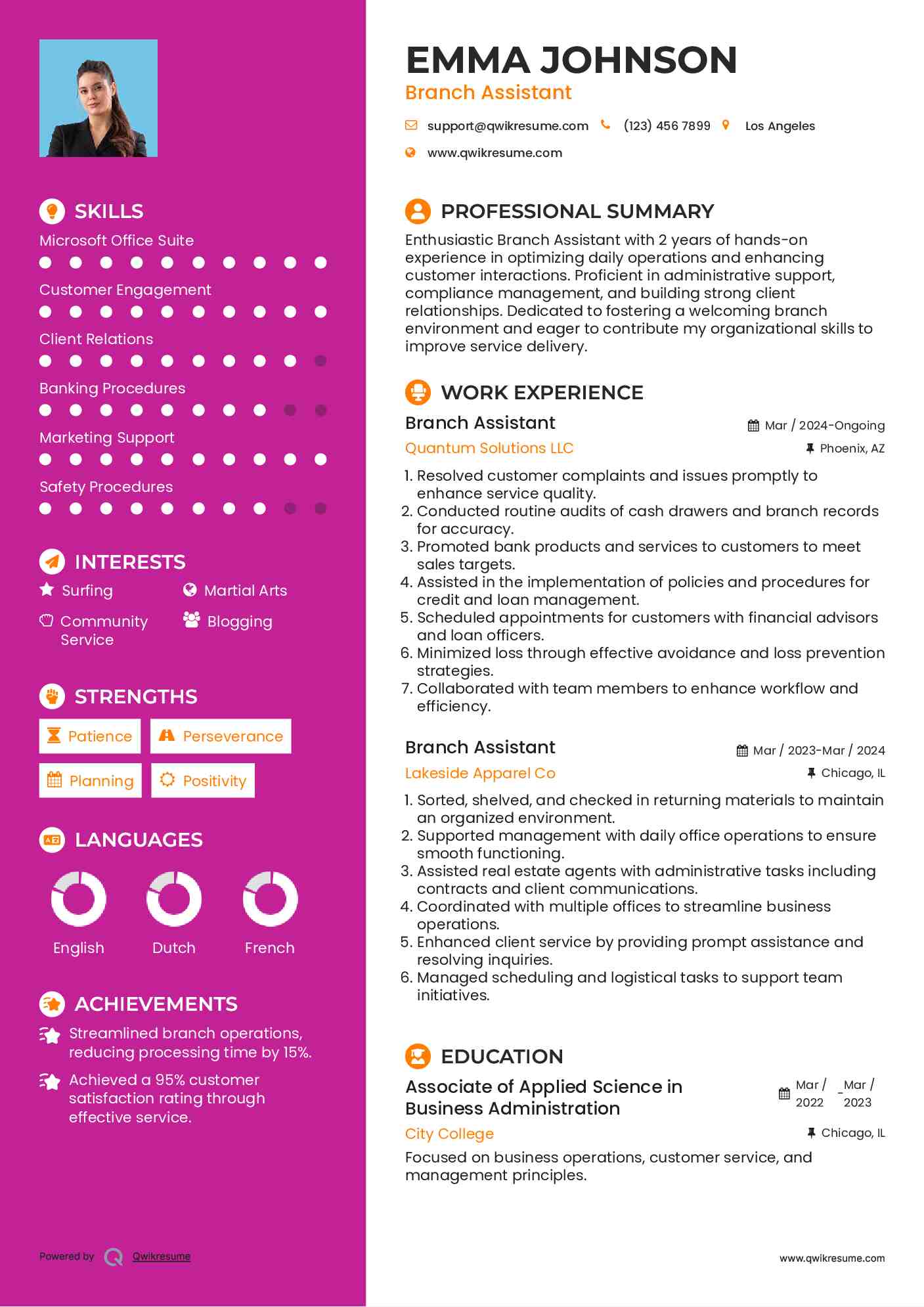 Branch Assistant Resume Sample