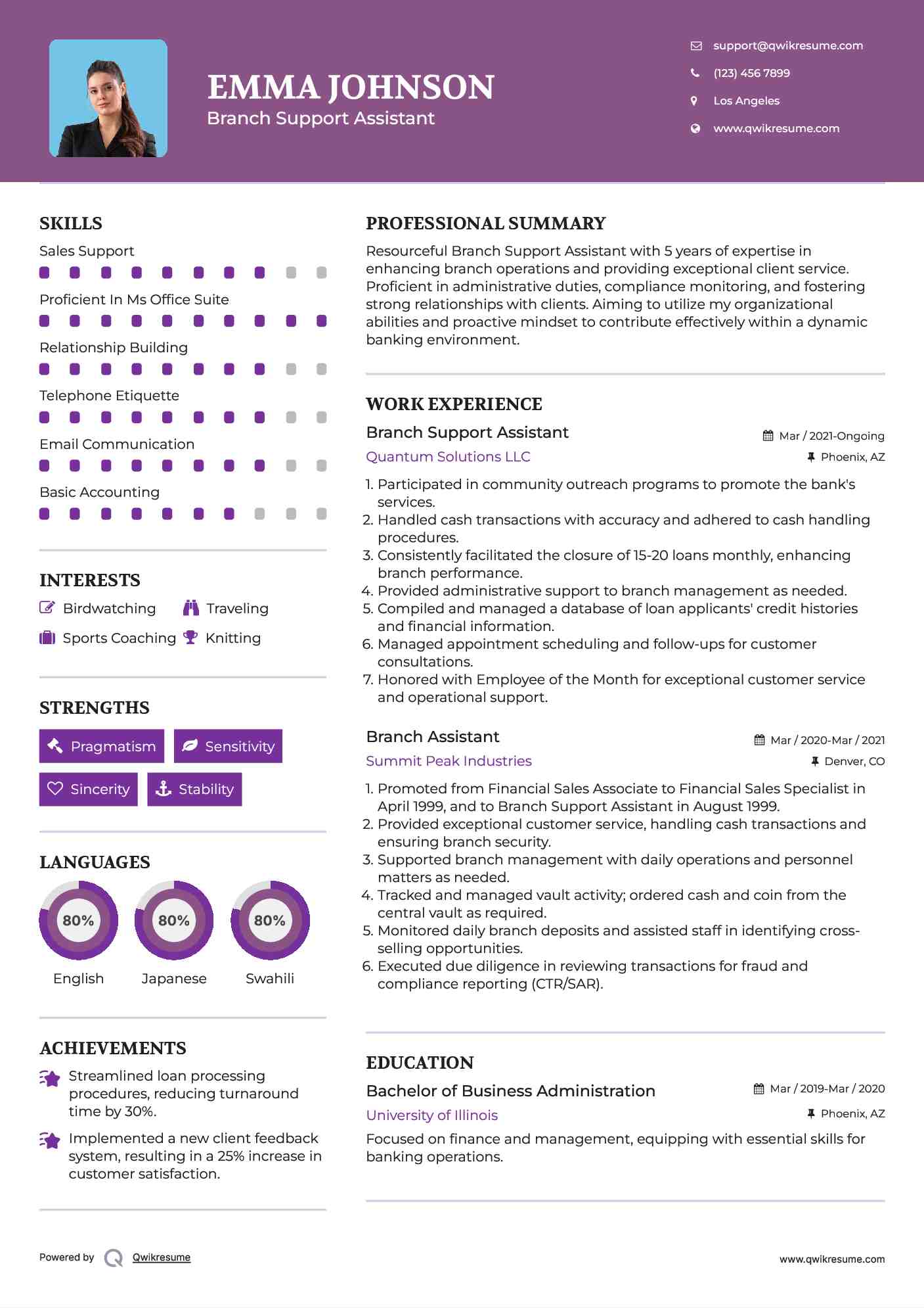 Branch Support Assistant Resume Example