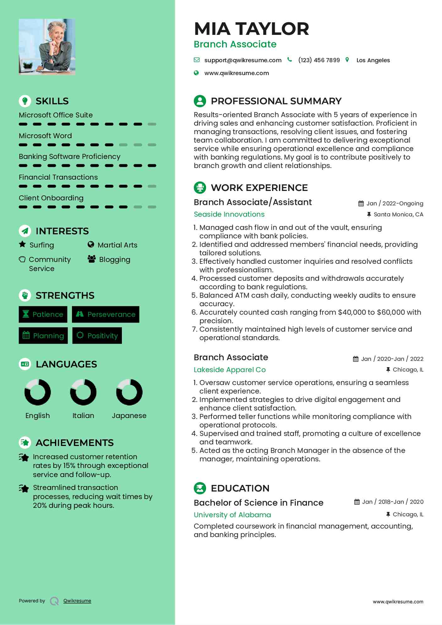 Branch Associate/Assistant Resume Sample