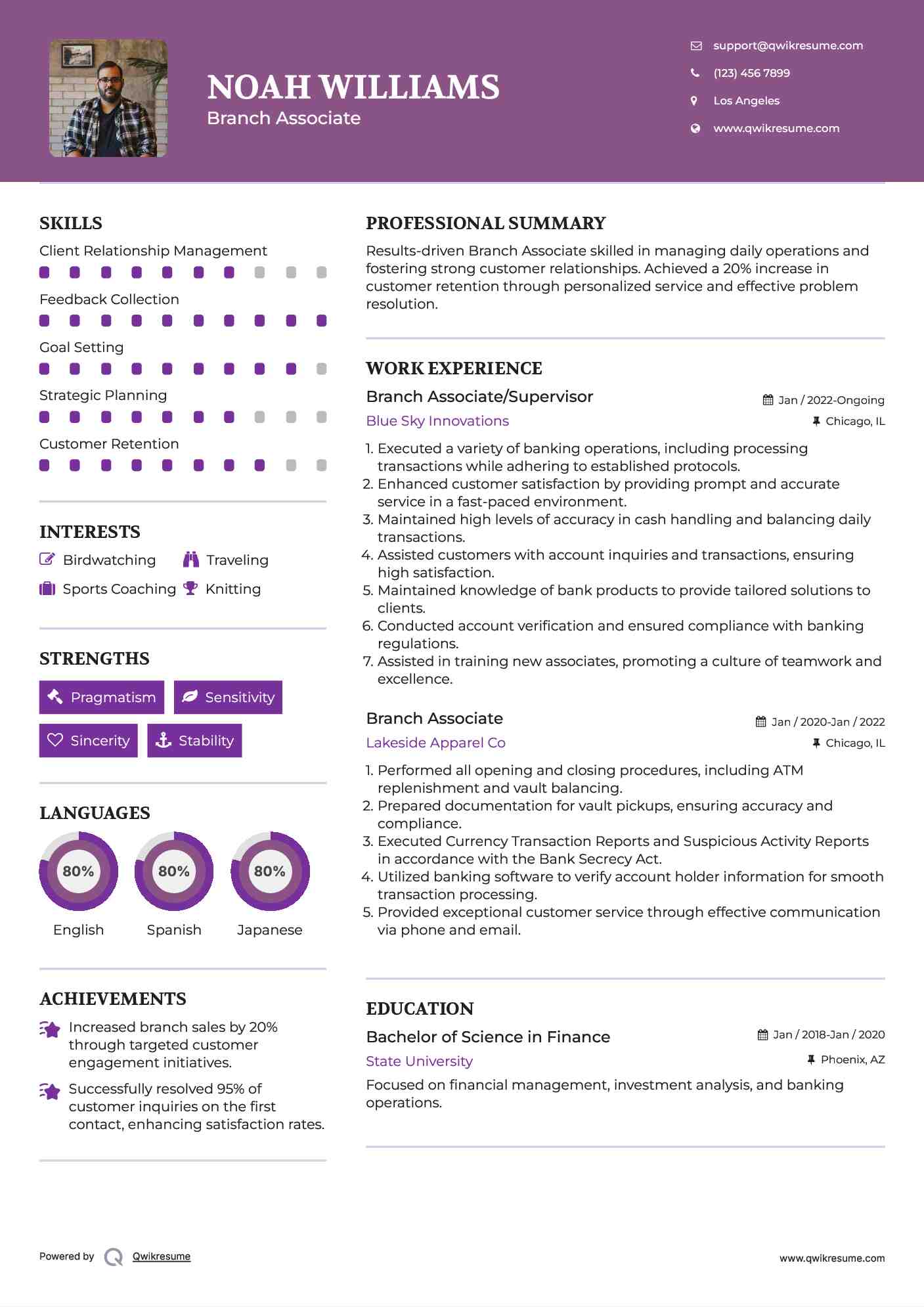 Branch Associate/Supervisor Resume Sample