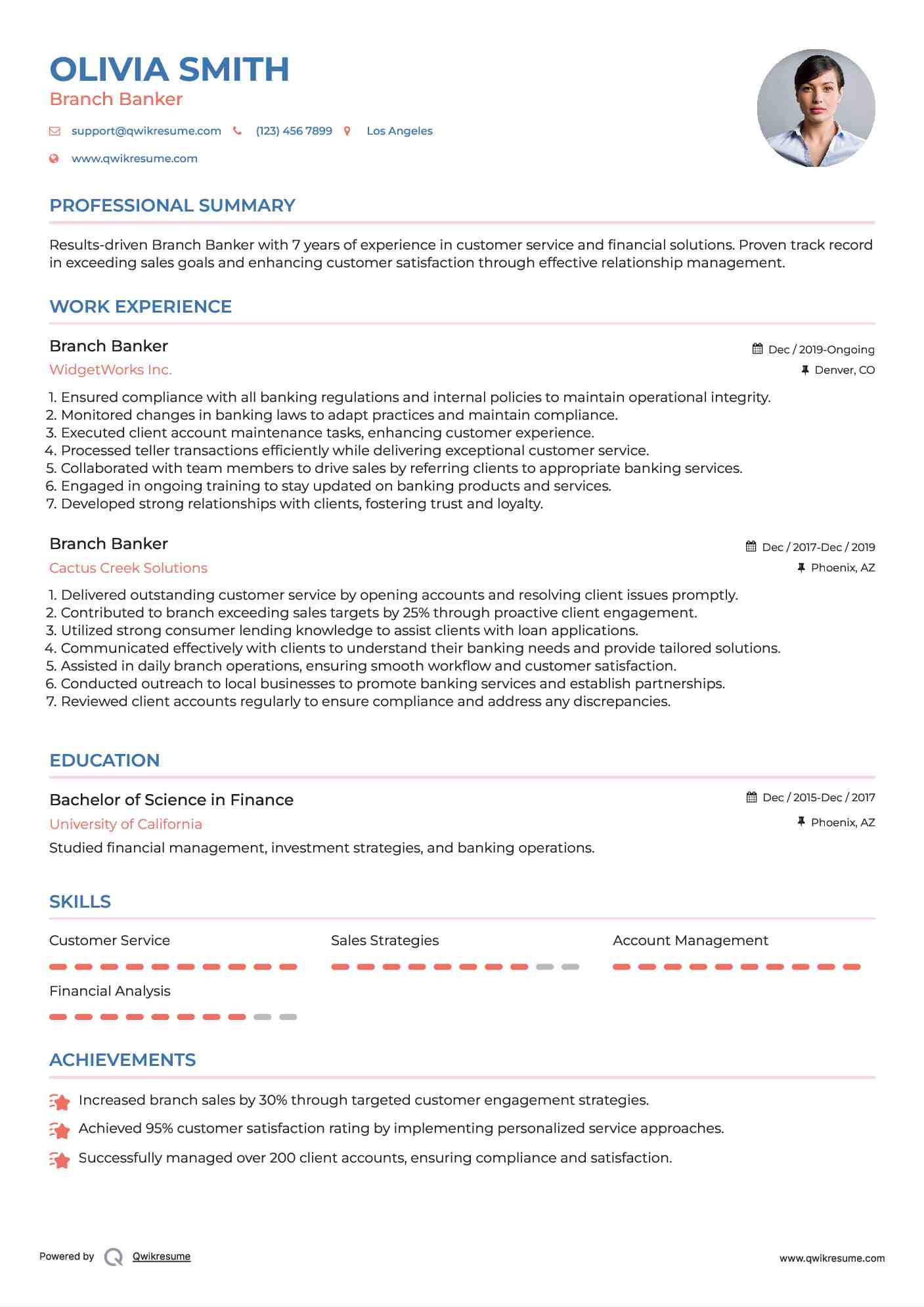 Branch Banker Resume Model