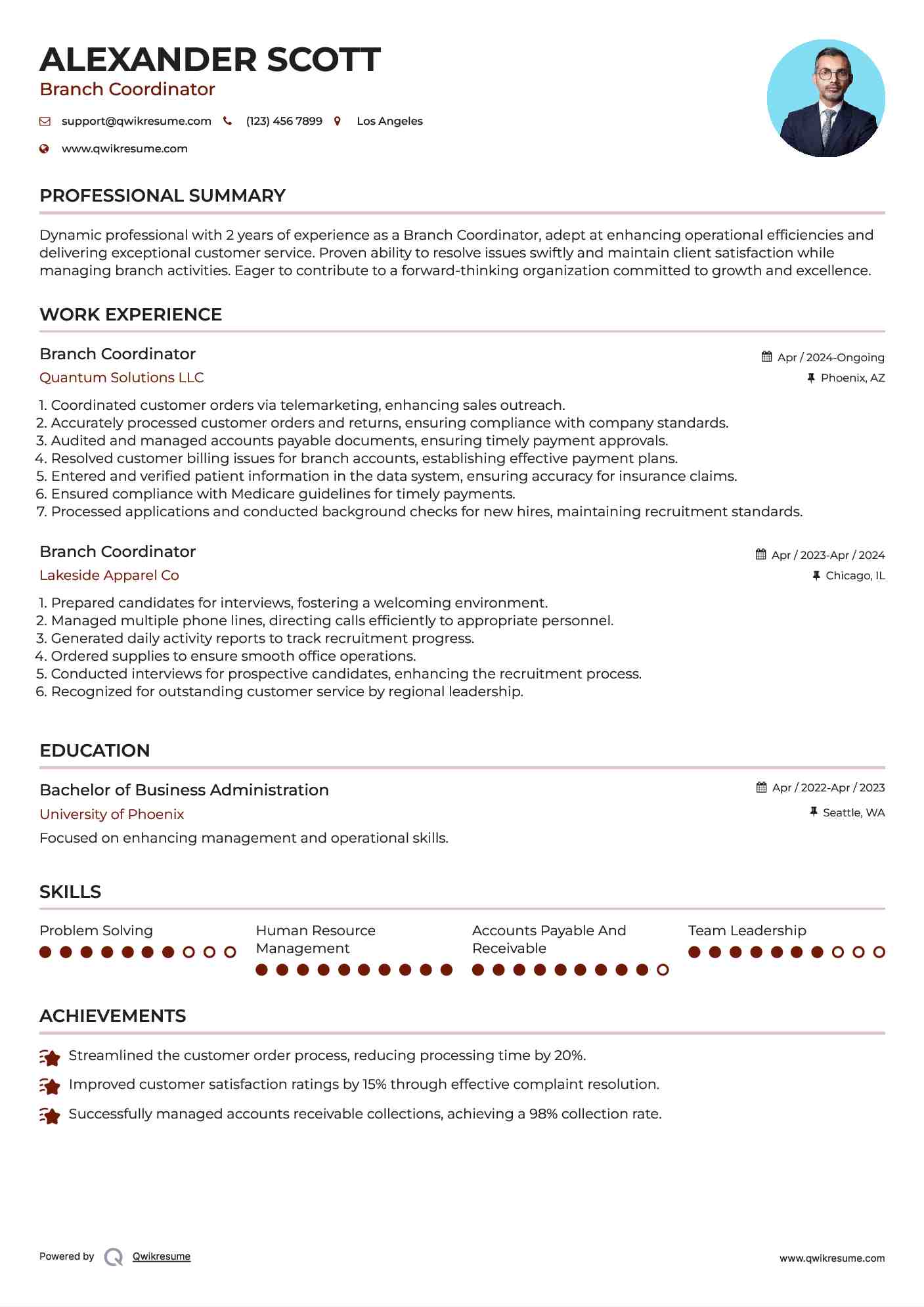 Branch Coordinator Resume Model